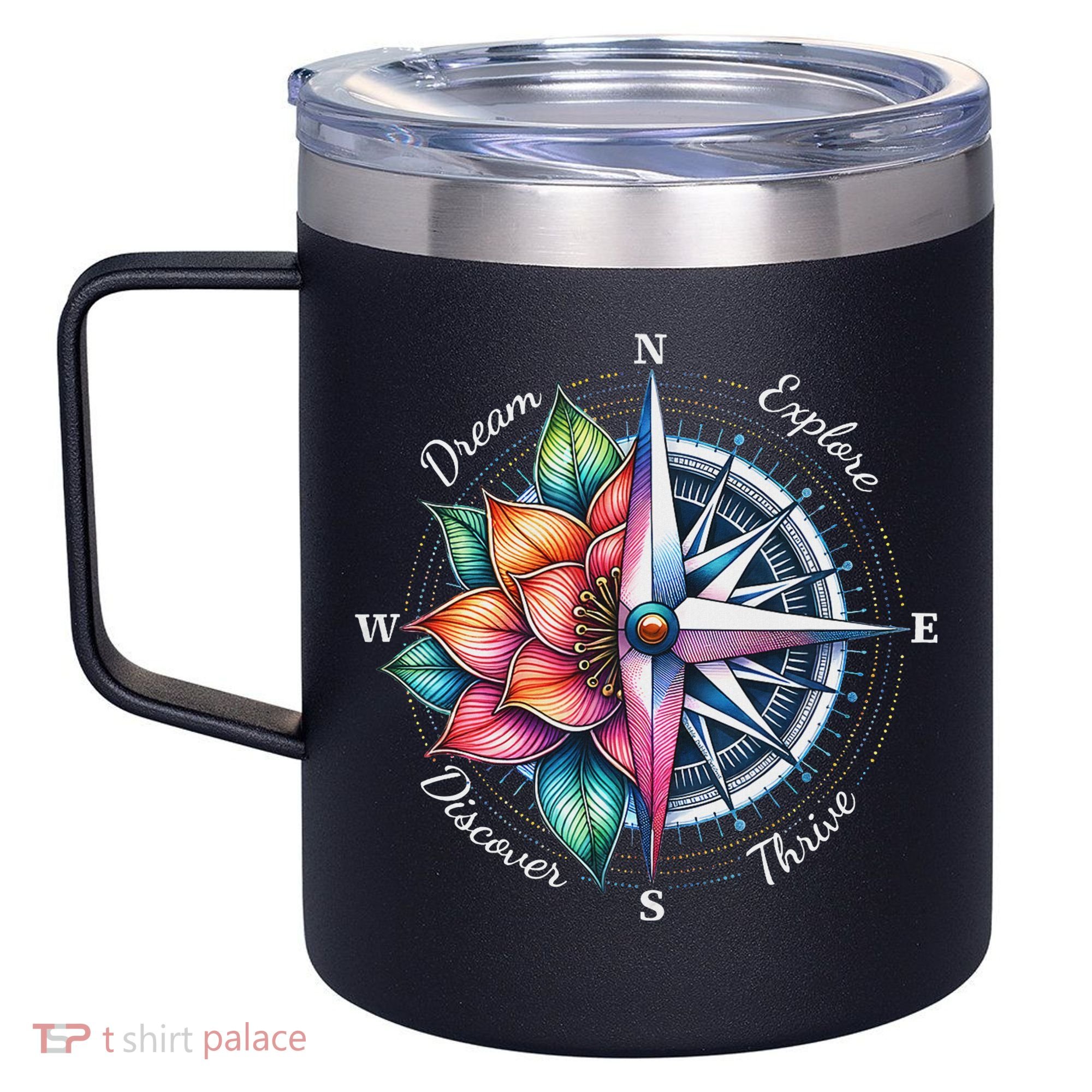 Traveler Compass Dream Explore Discover Thrive Adventure 12oz Stainless Steel Coffee Mug