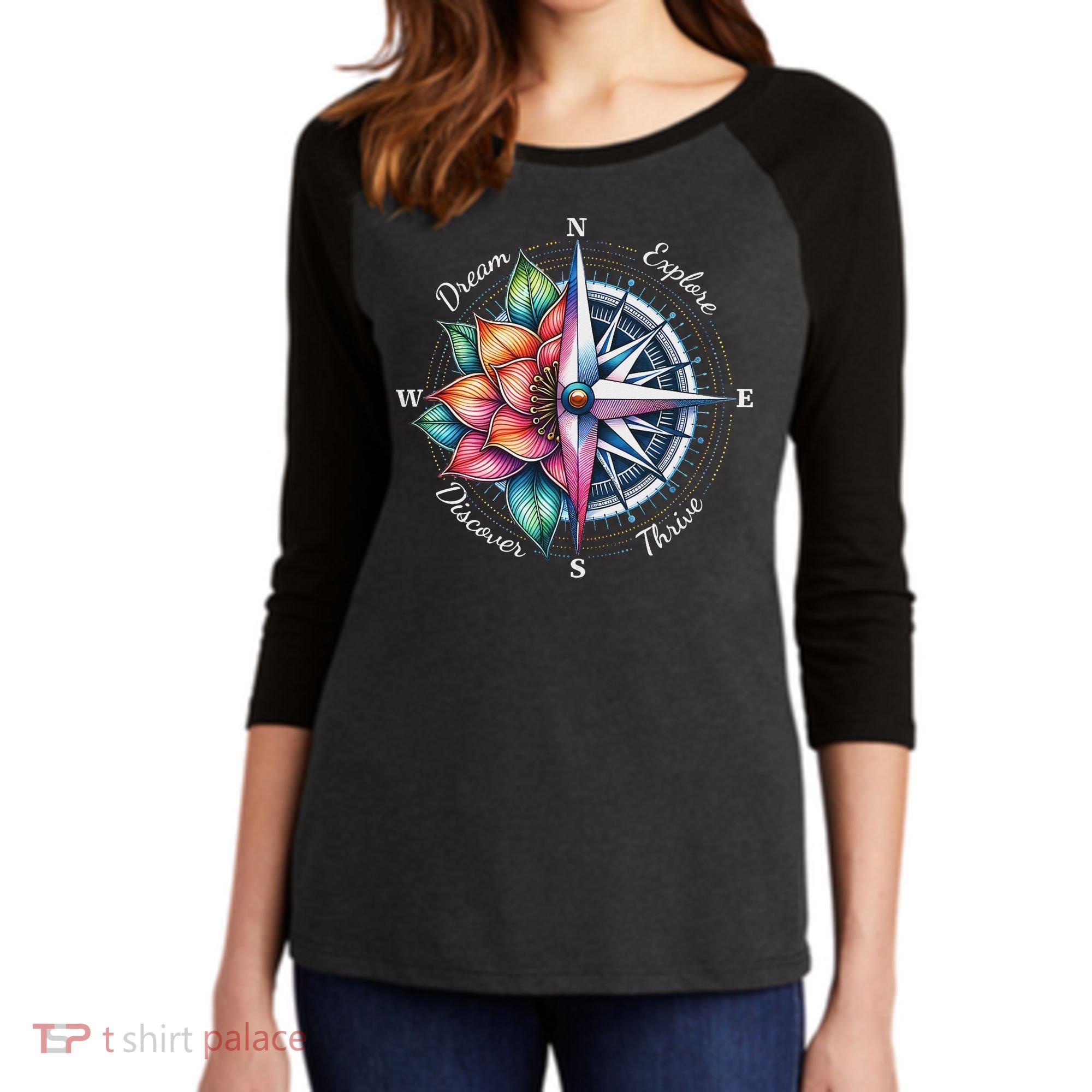 Traveler Compass Dream Explore Discover Thrive Adventure Women's Tri-Blend 3/4-Sleeve Raglan Shirt