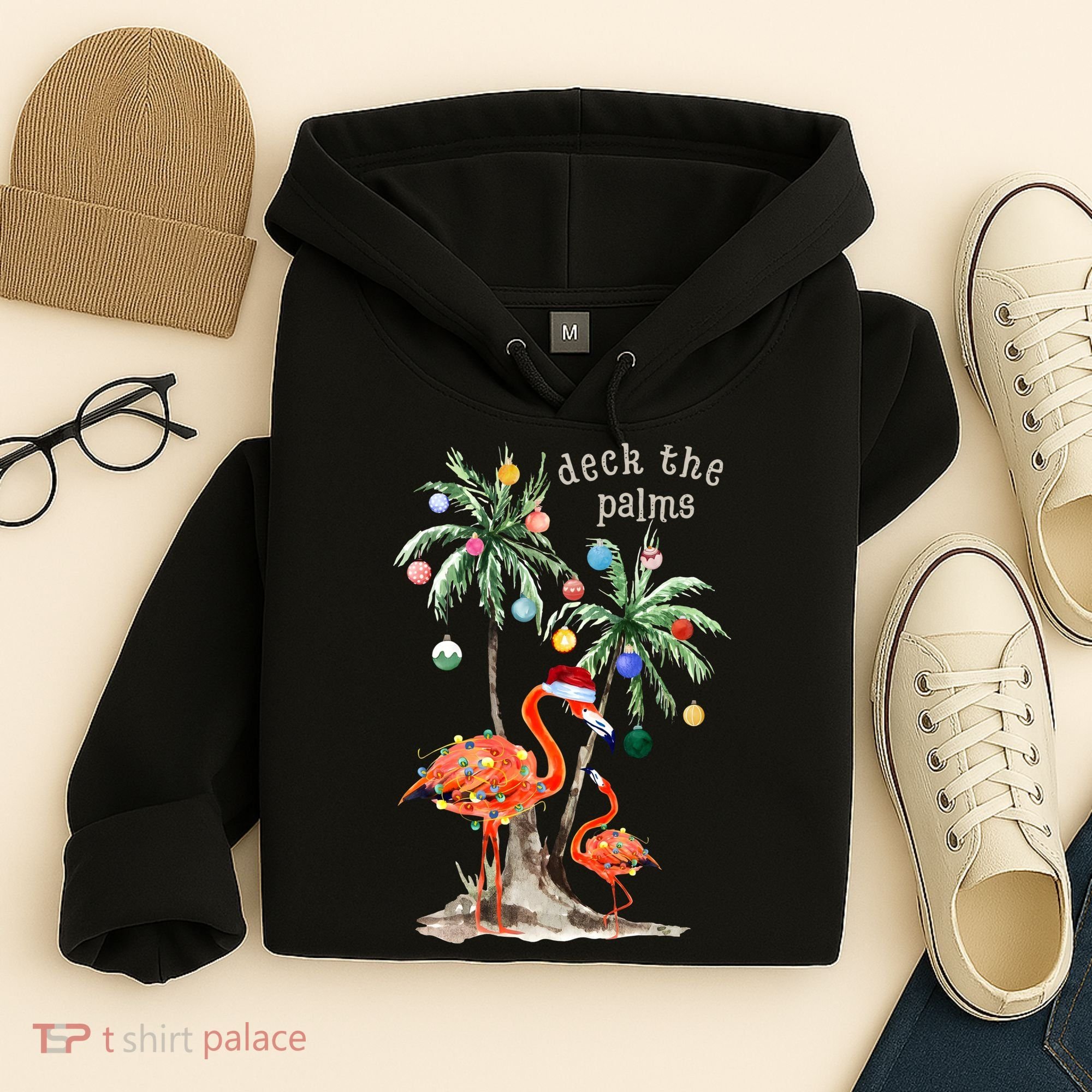 Tropical Christmas Deck The Palms Holiday Flamingo Hoodie