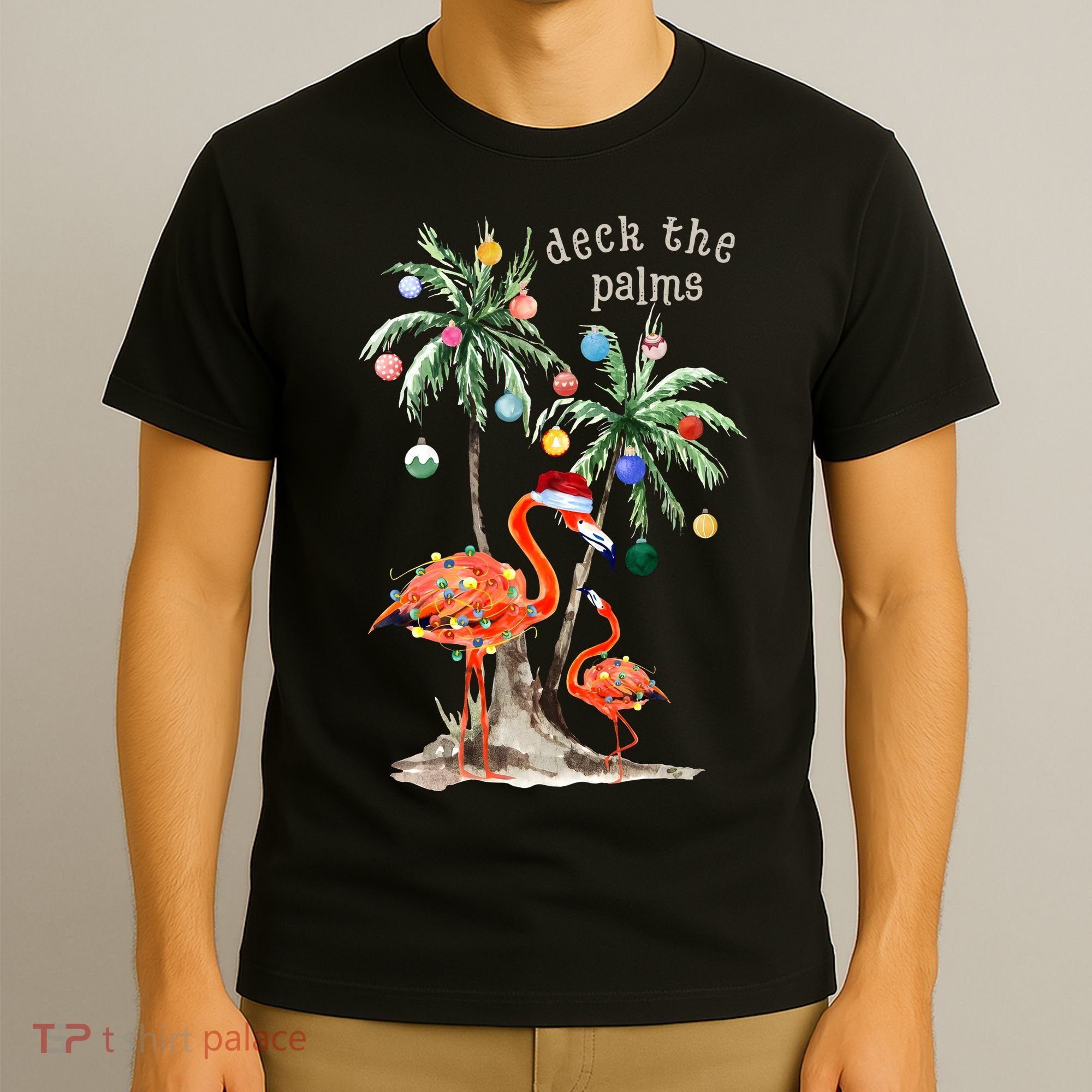 Tropical Christmas Deck The Palms Holiday Flamingo T-Shirt