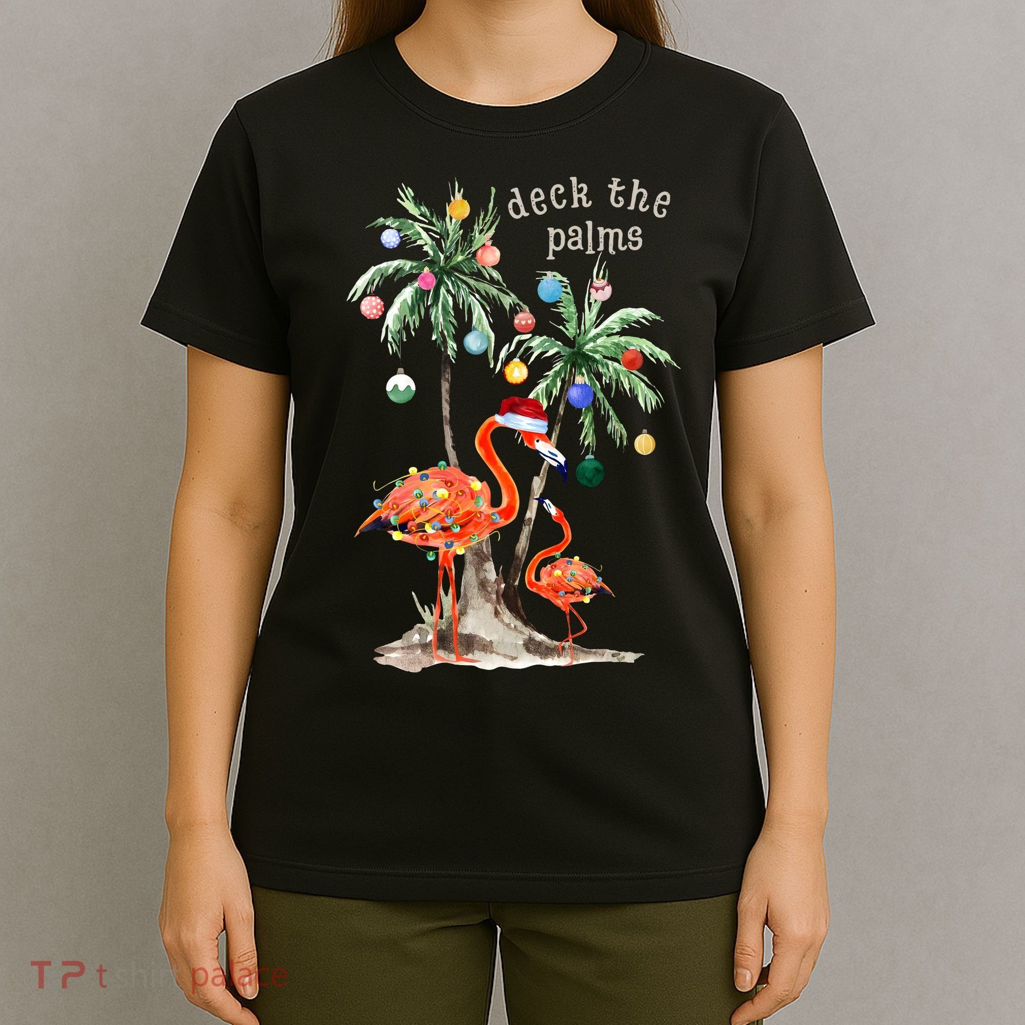 Tropical Christmas Deck The Palms Holiday Flamingo T-Shirt