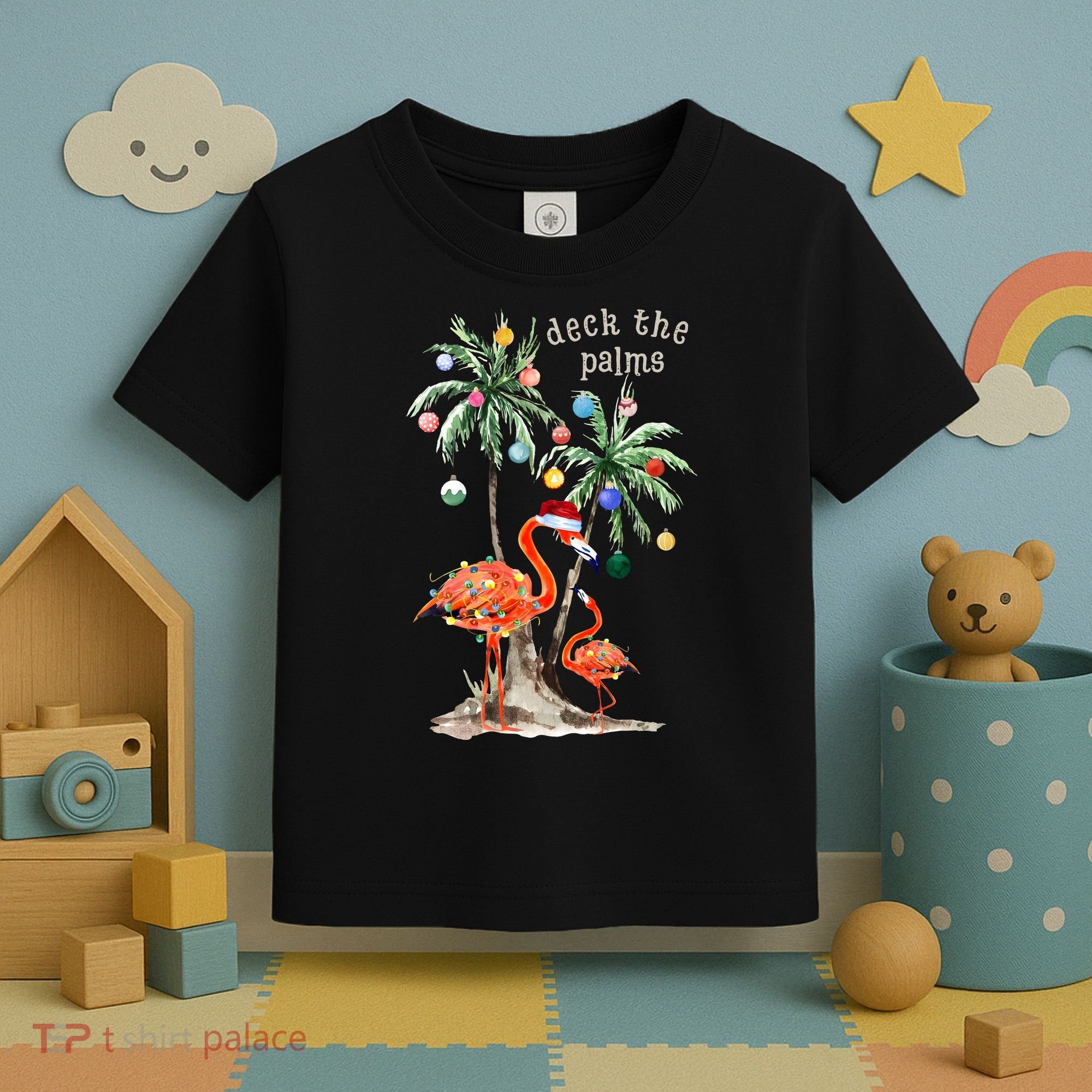 Tropical Christmas Deck The Palms Holiday Flamingo Toddler T-Shirt