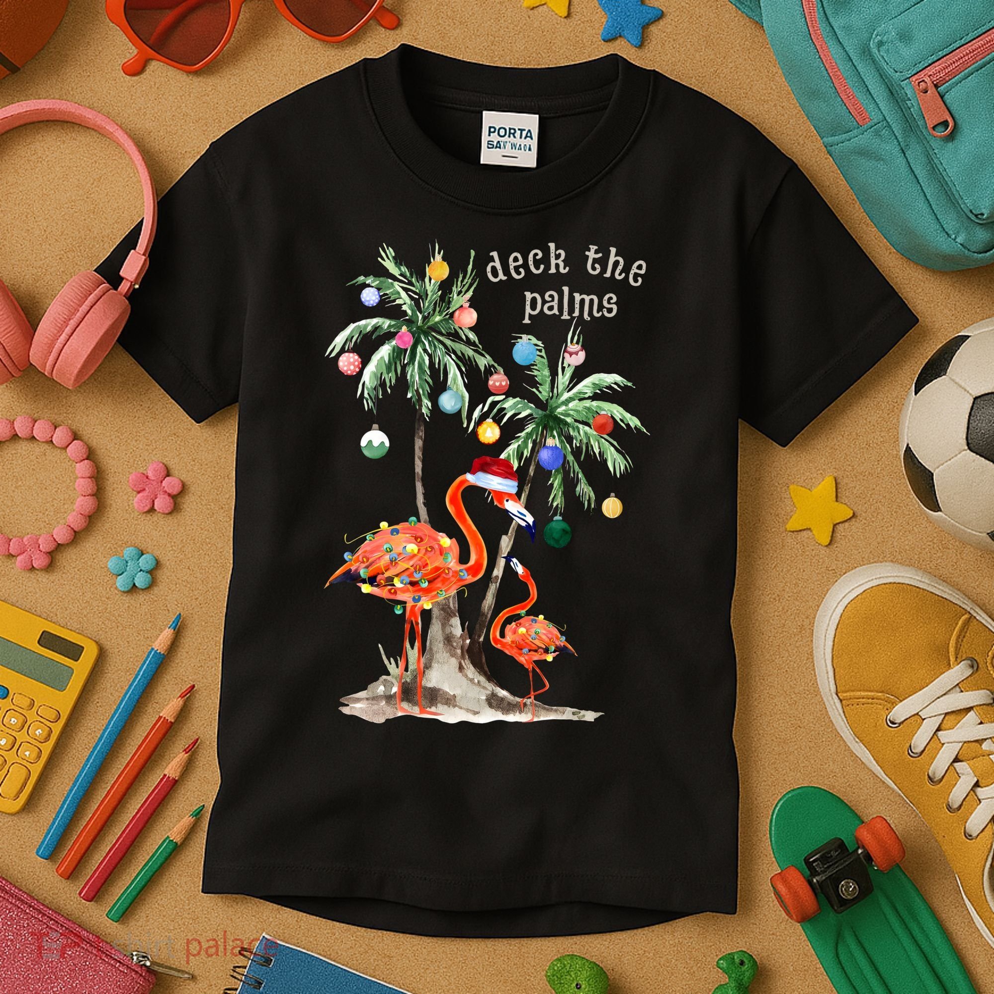 Tropical Christmas Deck The Palms Holiday Flamingo Kids T-Shirt