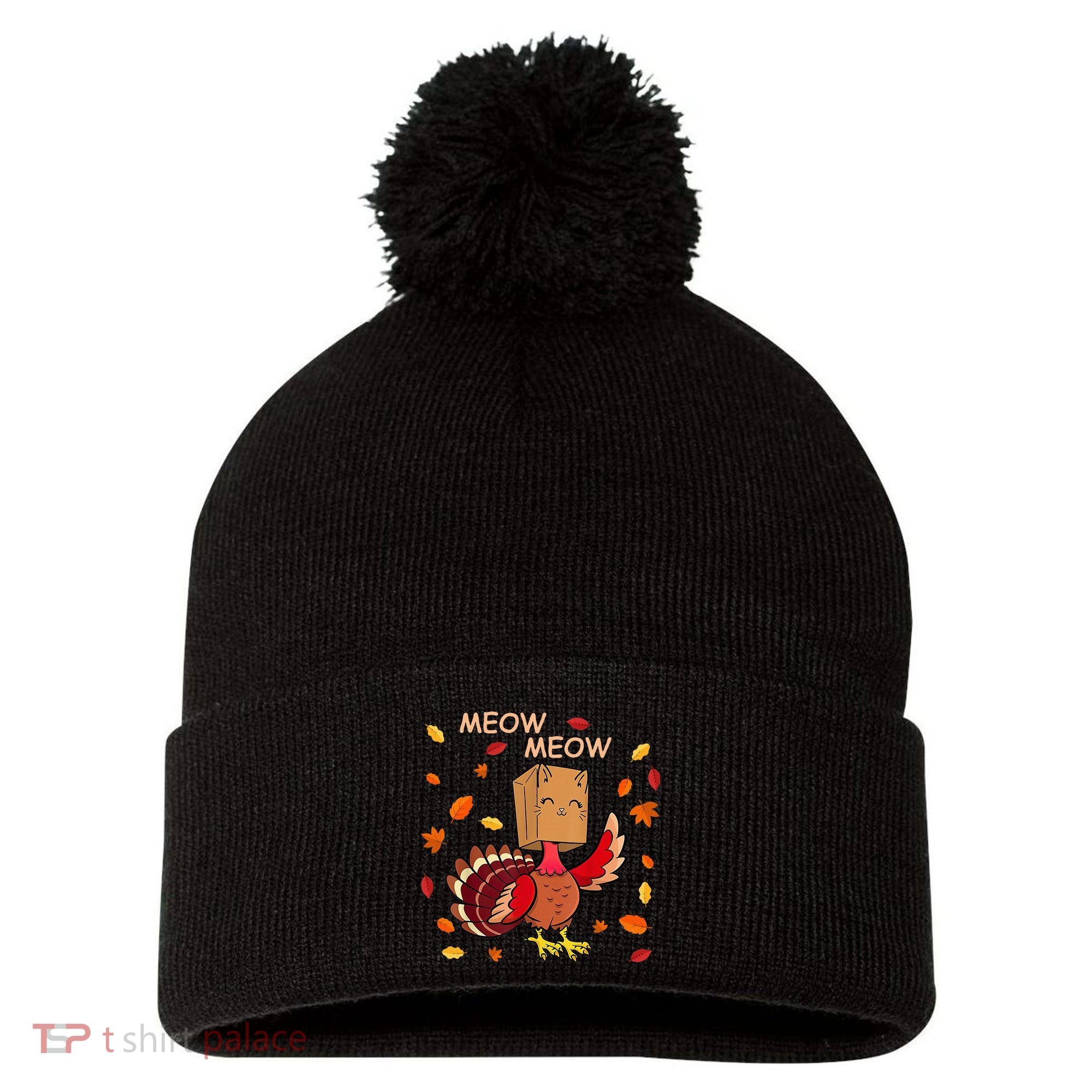 Thanksgiving Cat Fake Cat Meow Funny Thanksgiving Turkey Pom Pom 12in Knit Beanie