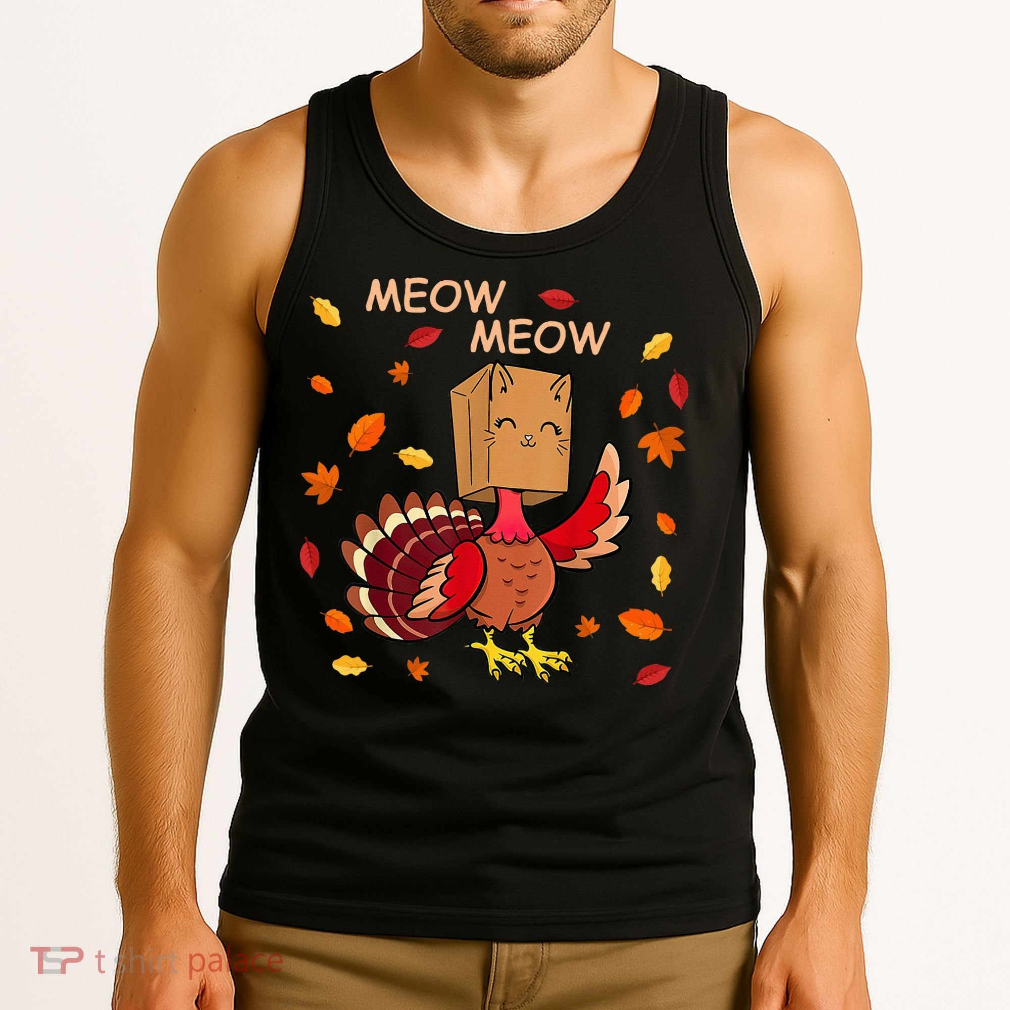 Thanksgiving Cat Fake Cat Meow Funny Thanksgiving Turkey Tank Top