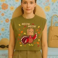 Thanksgiving Cat Fake Cat Meow Funny Thanksgiving Turkey Garment-Dyed Women's Muscle Tee thumb 4