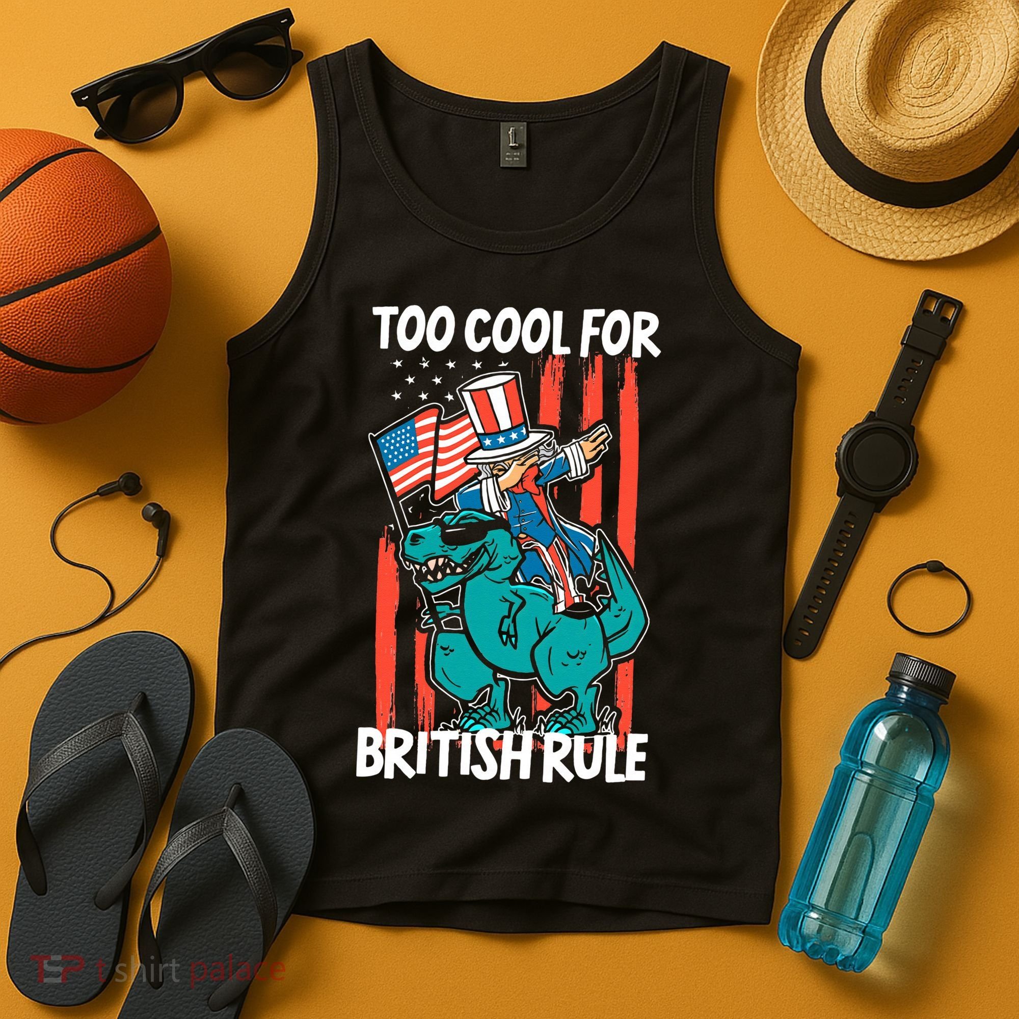Too Cool For British Rule 4th Of July American Dinosaur Tank Top