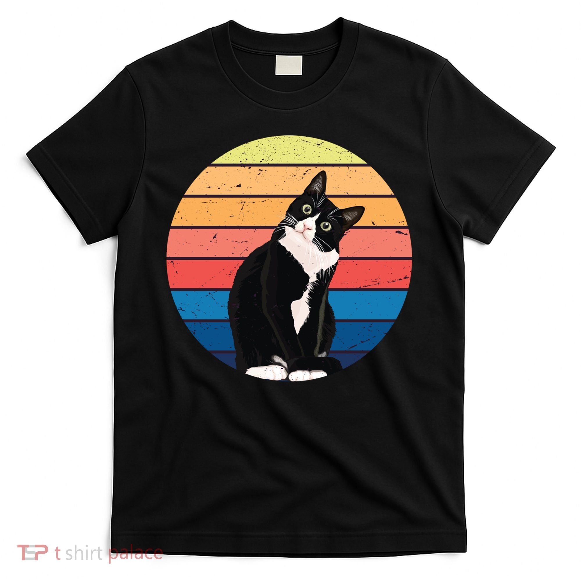 Tuxedo Cat Gift Retro Colors For Animal Lovers T-Shirt