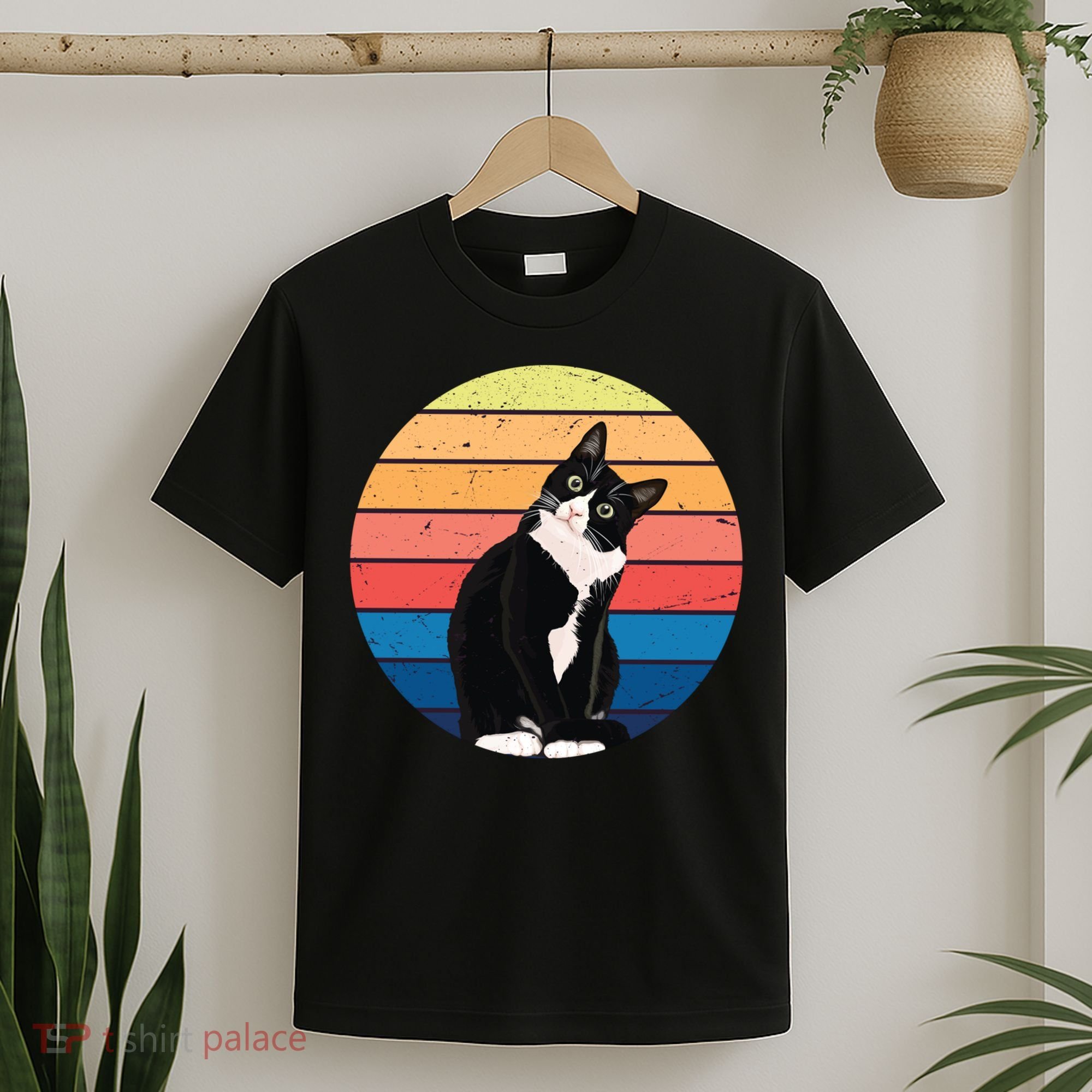 Tuxedo Cat Gift Retro Colors For Animal Lovers T-Shirt