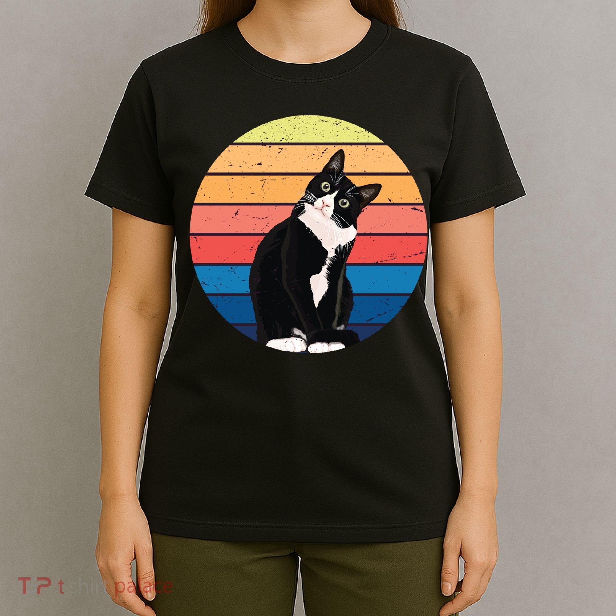 Tuxedo Cat Gift Retro Colors For Animal Lovers T-Shirt