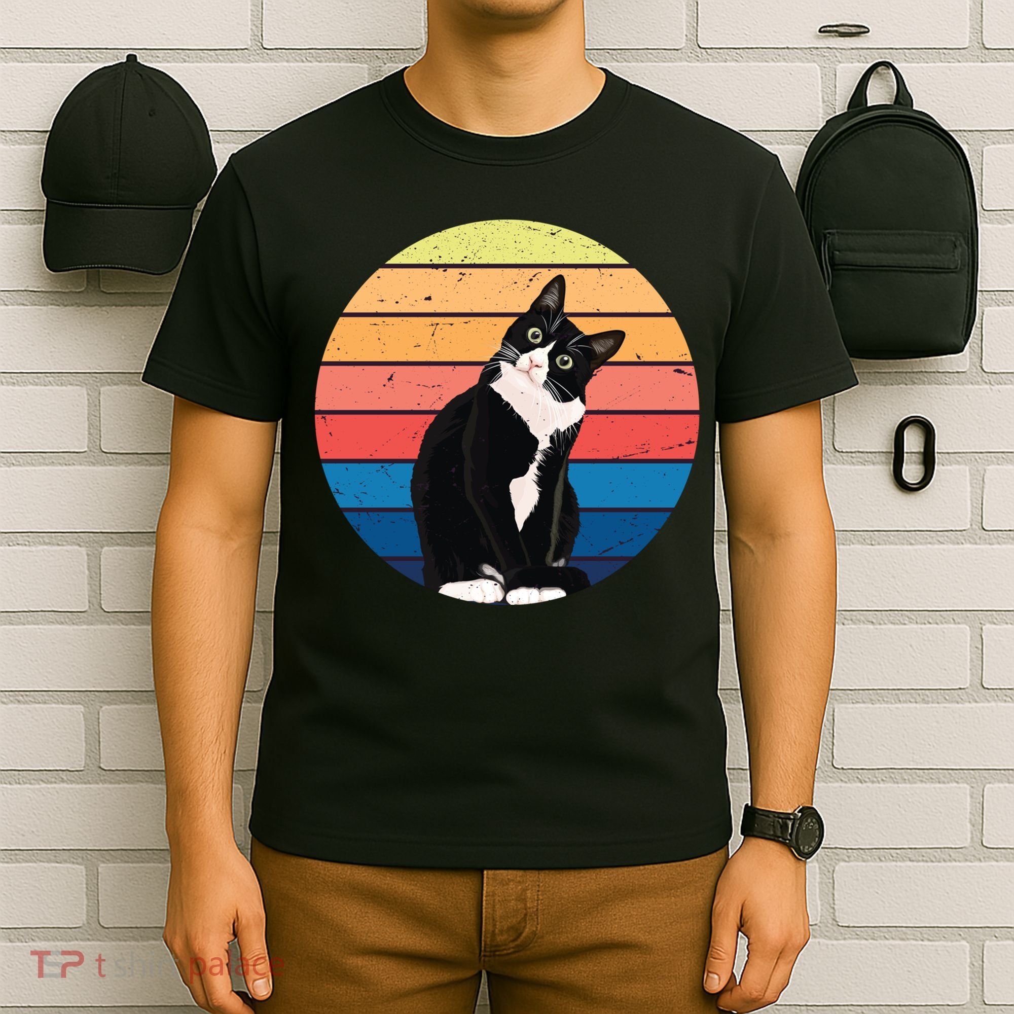 Tuxedo Cat Gift Retro Colors For Animal Lovers T-Shirt