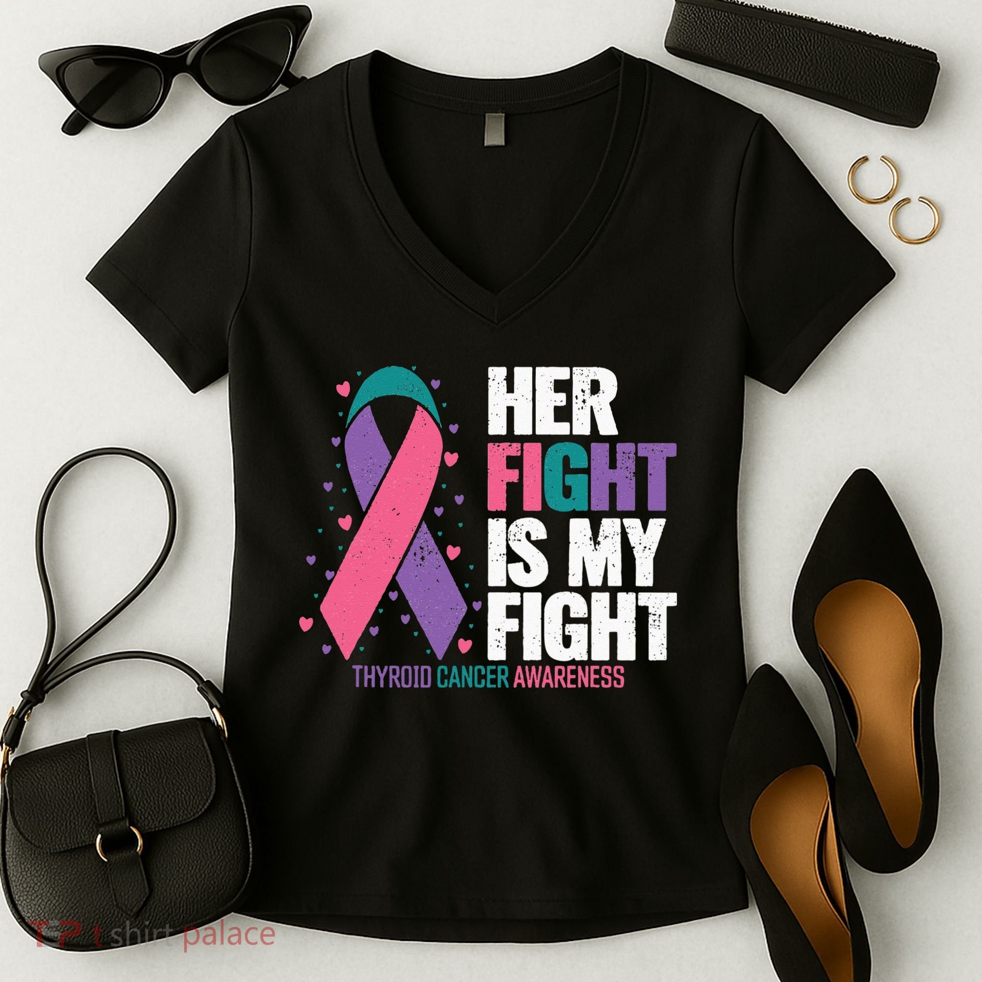 Thyroid Cancer Her Fight My Fight Thyroid Cancer Awareness Women's V-Neck T-Shirt