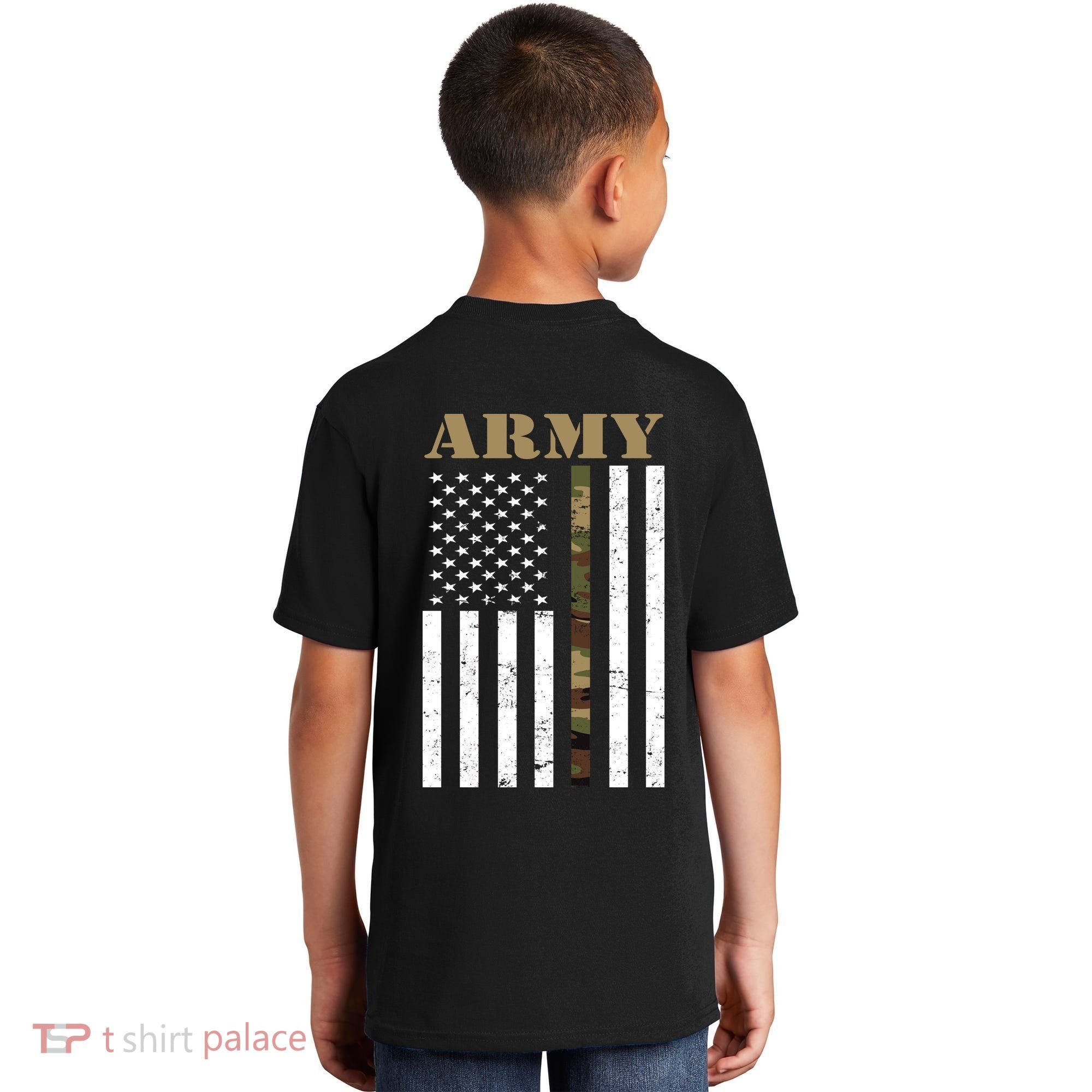 Thin Camo Line United States Army Flag Back Print Kids T-Shirt