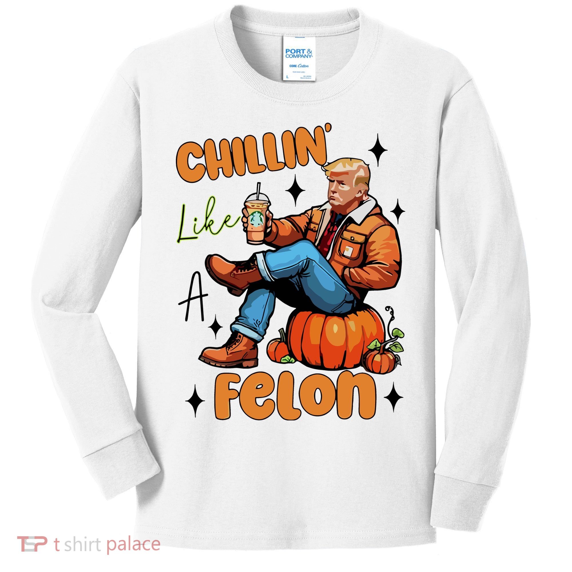Trump Chillin Like A Felon Pumpkin Spice Halloween Kids Long Sleeve Shirt