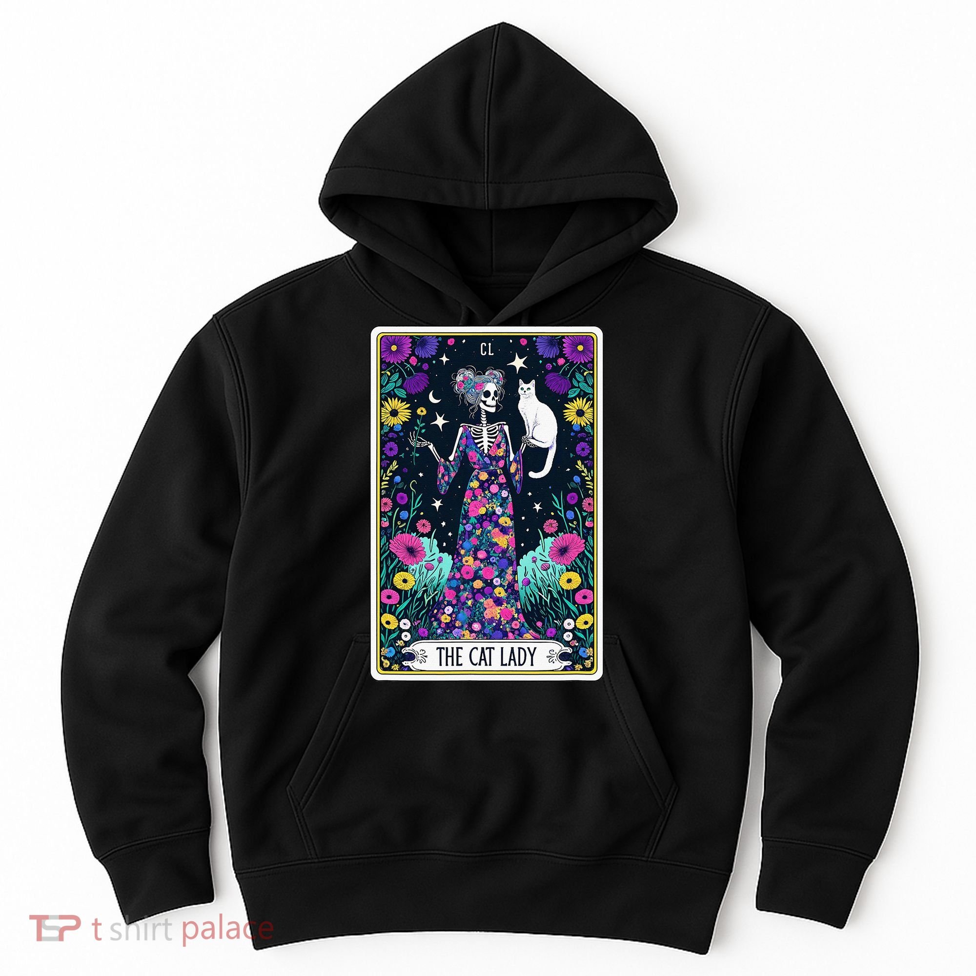 The Cat Lady Tarot Card Halloween Skeleton Skul Occult Magic Hoodie