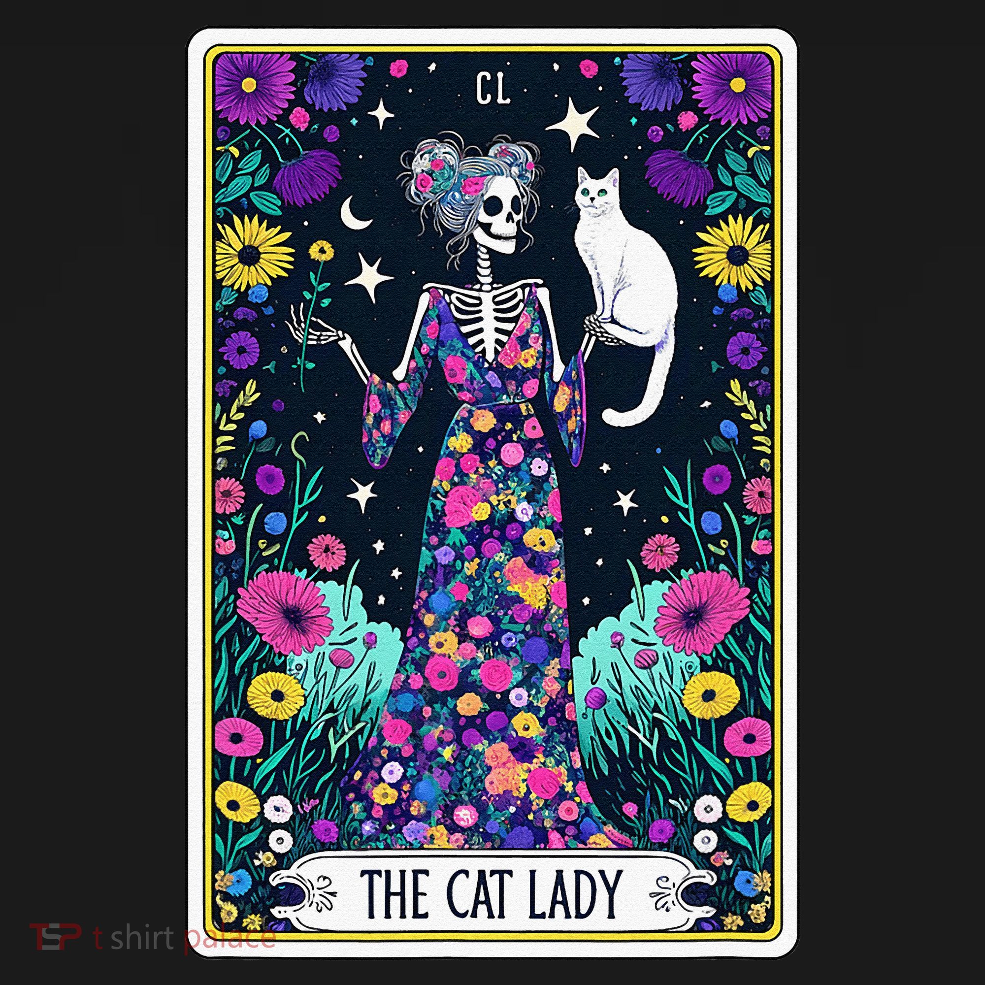 The Cat Lady Tarot Card Halloween Skeleton Skul Occult Magic Long Sleeve Shirt