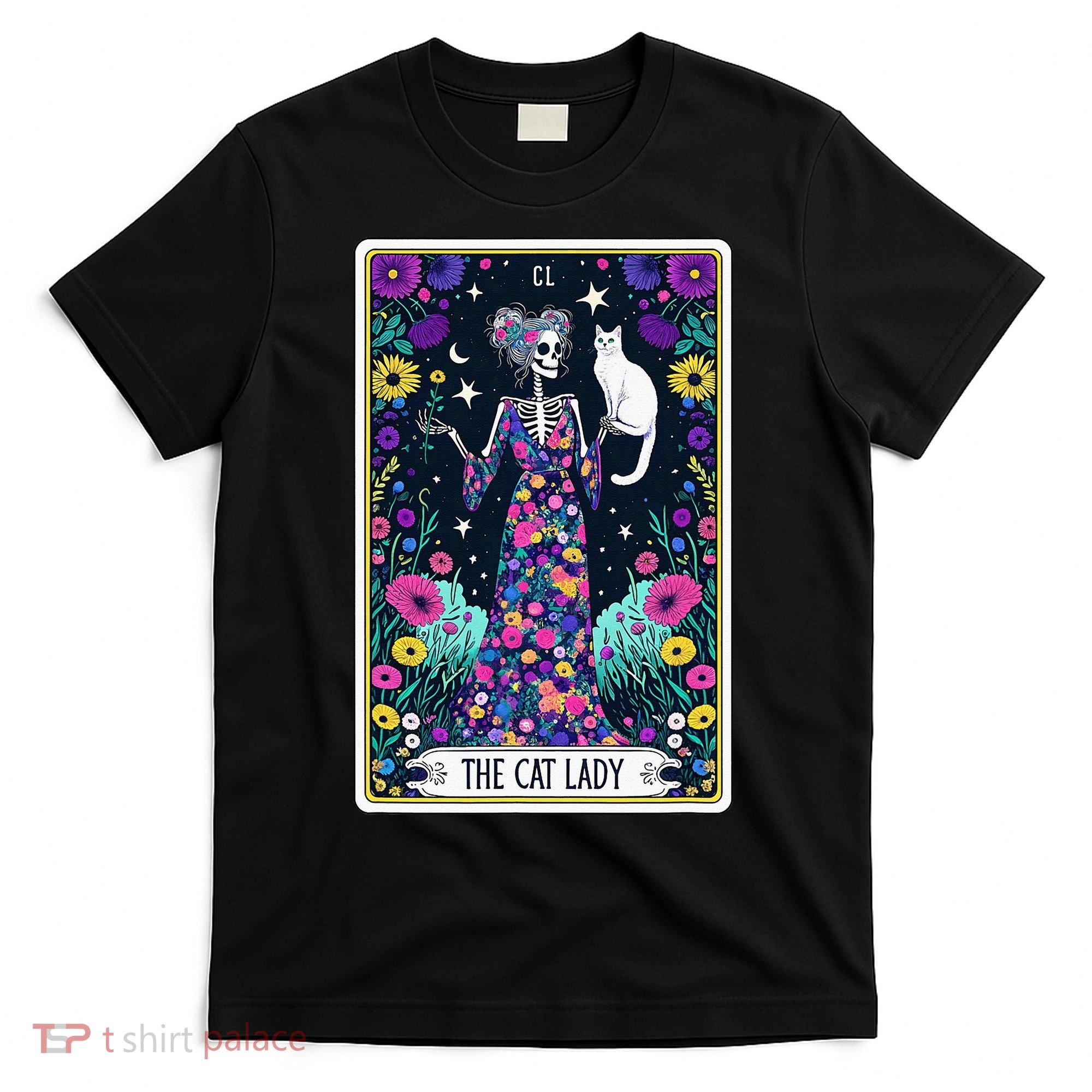 The Cat Lady Tarot Card Halloween Skeleton Skul Occult Magic T-Shirt
