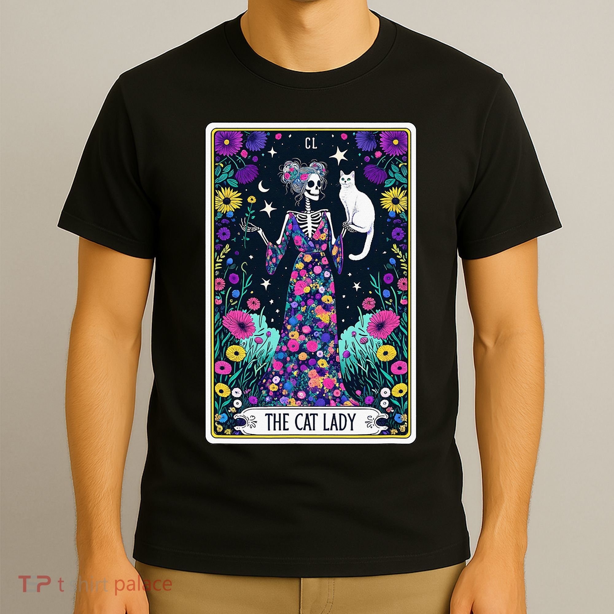 The Cat Lady Tarot Card Halloween Skeleton Skul Occult Magic T-Shirt