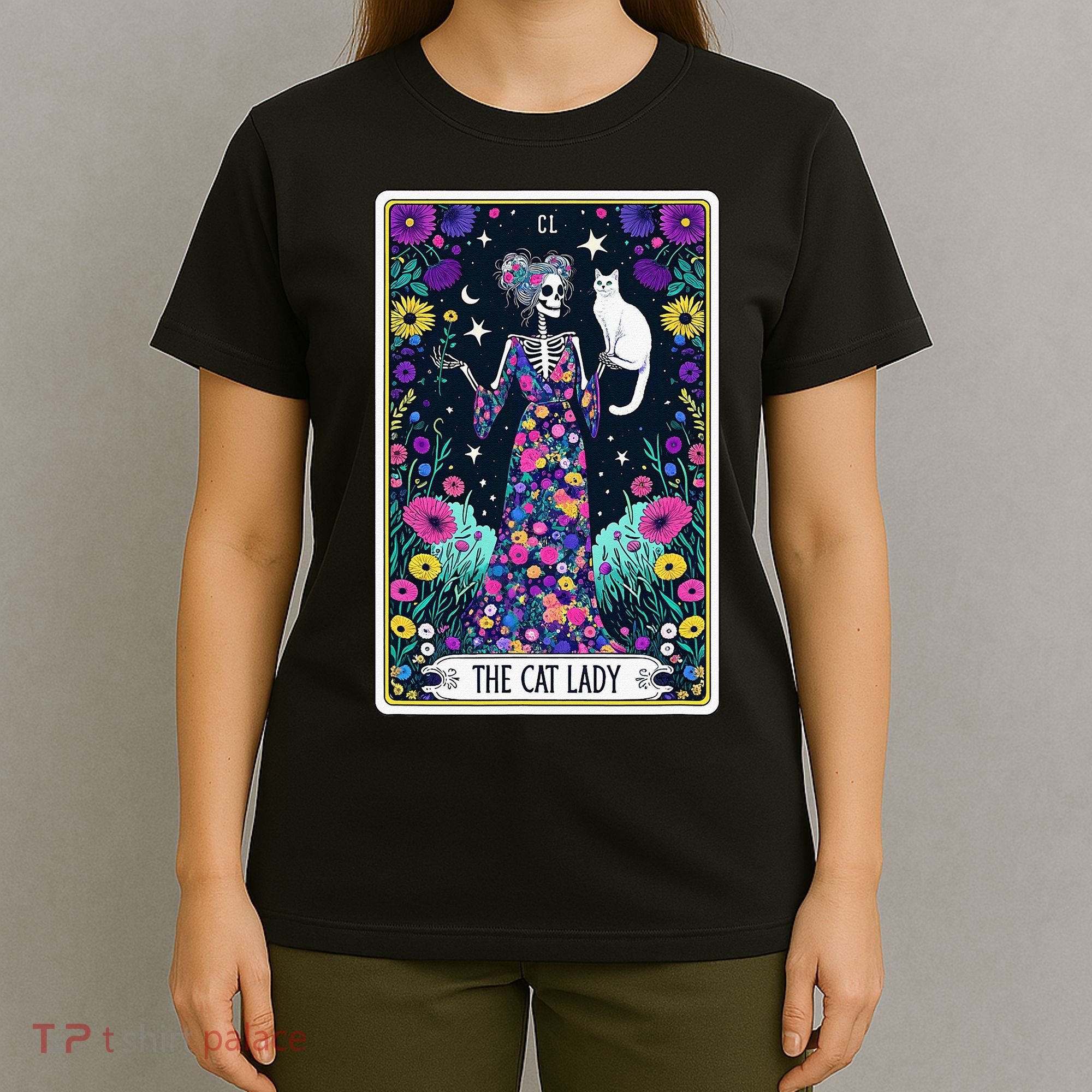 The Cat Lady Tarot Card Halloween Skeleton Skul Occult Magic T-Shirt