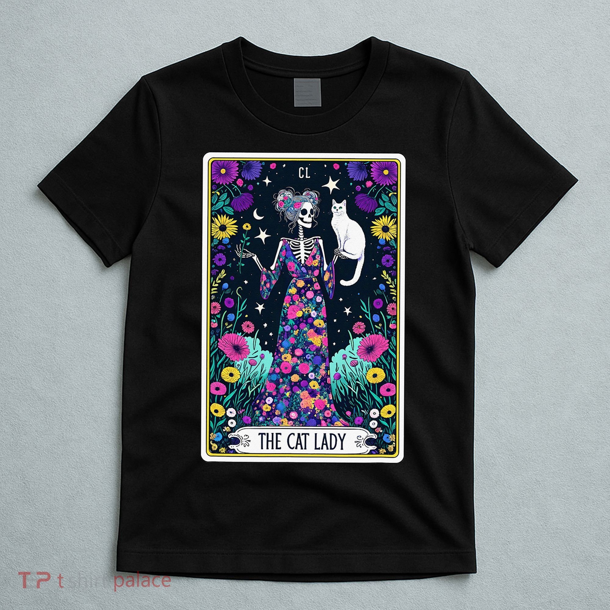 The Cat Lady Tarot Card Halloween Skeleton Skul Occult Magic T-Shirt