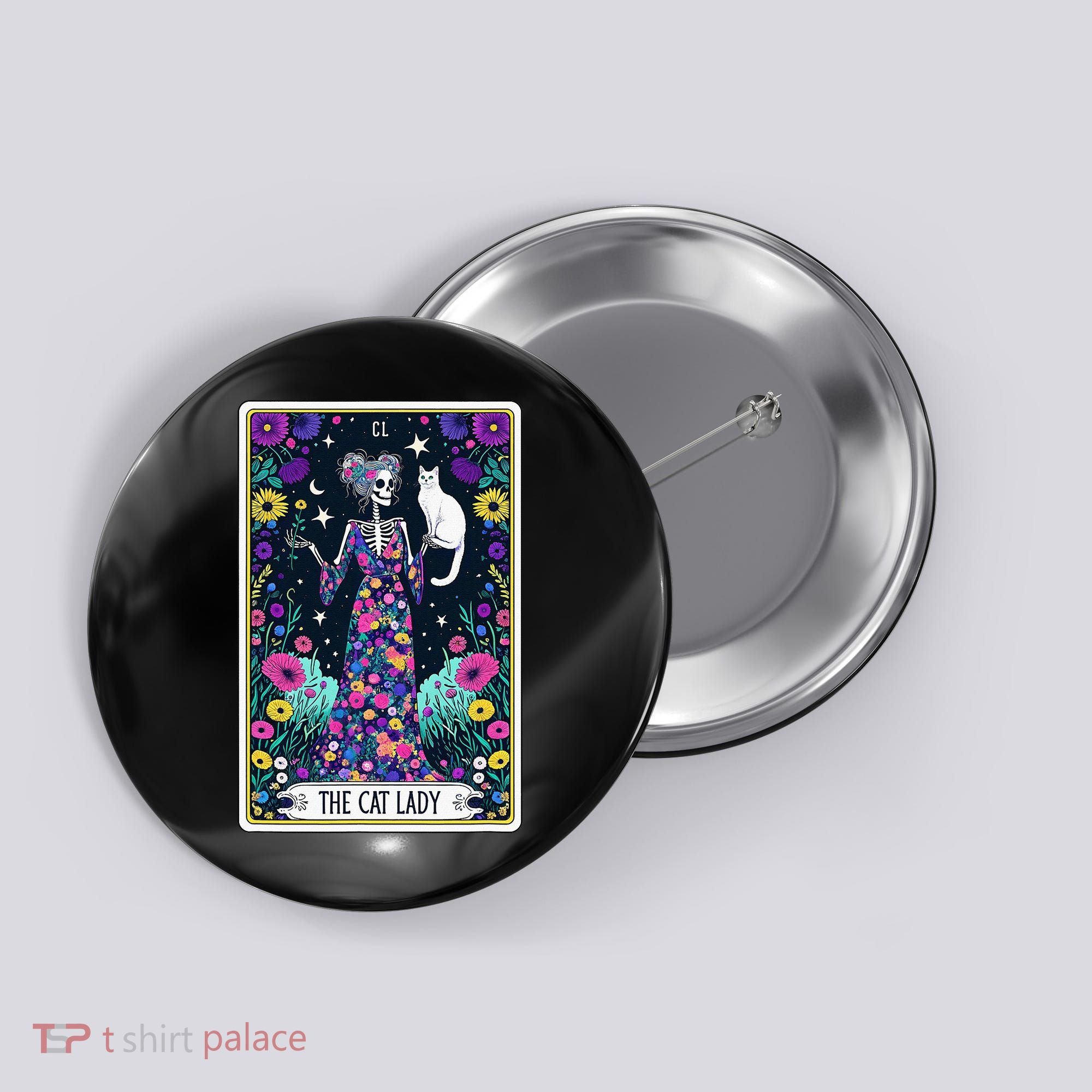 The Cat Lady Tarot Card Halloween Skeleton Skul Occult Magic Button
