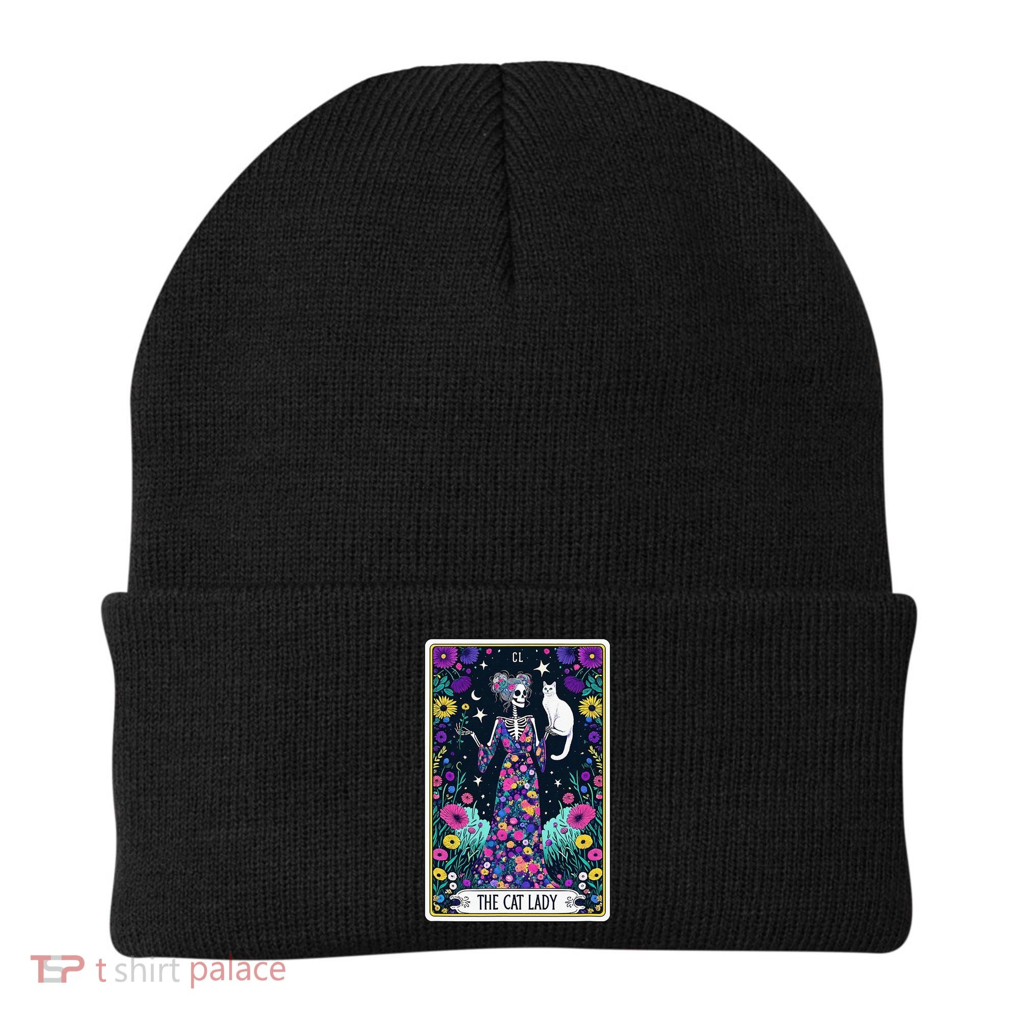 The Cat Lady Tarot Card Halloween Skeleton Skul Occult Magic Beanie