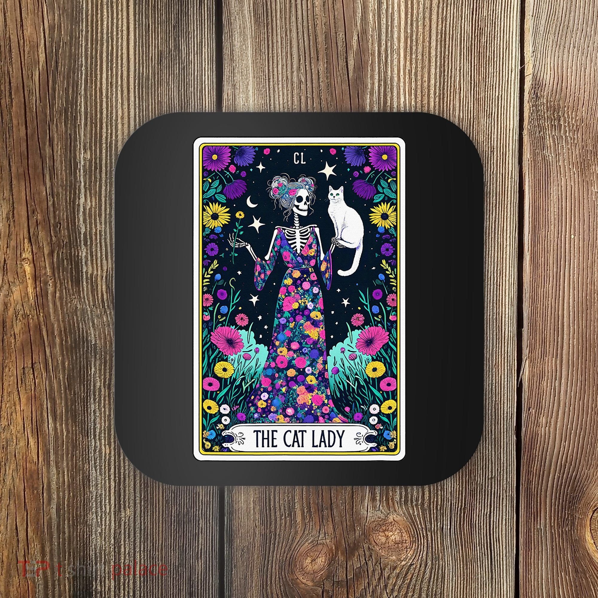 The Cat Lady Tarot Card Halloween Skeleton Skul Occult Magic Coaster