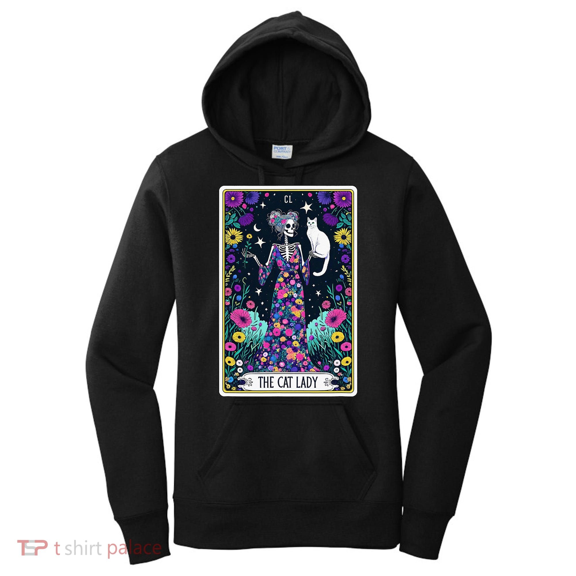 The Cat Lady Tarot Card Halloween Skeleton Skul Occult Magic Women's Hoodie