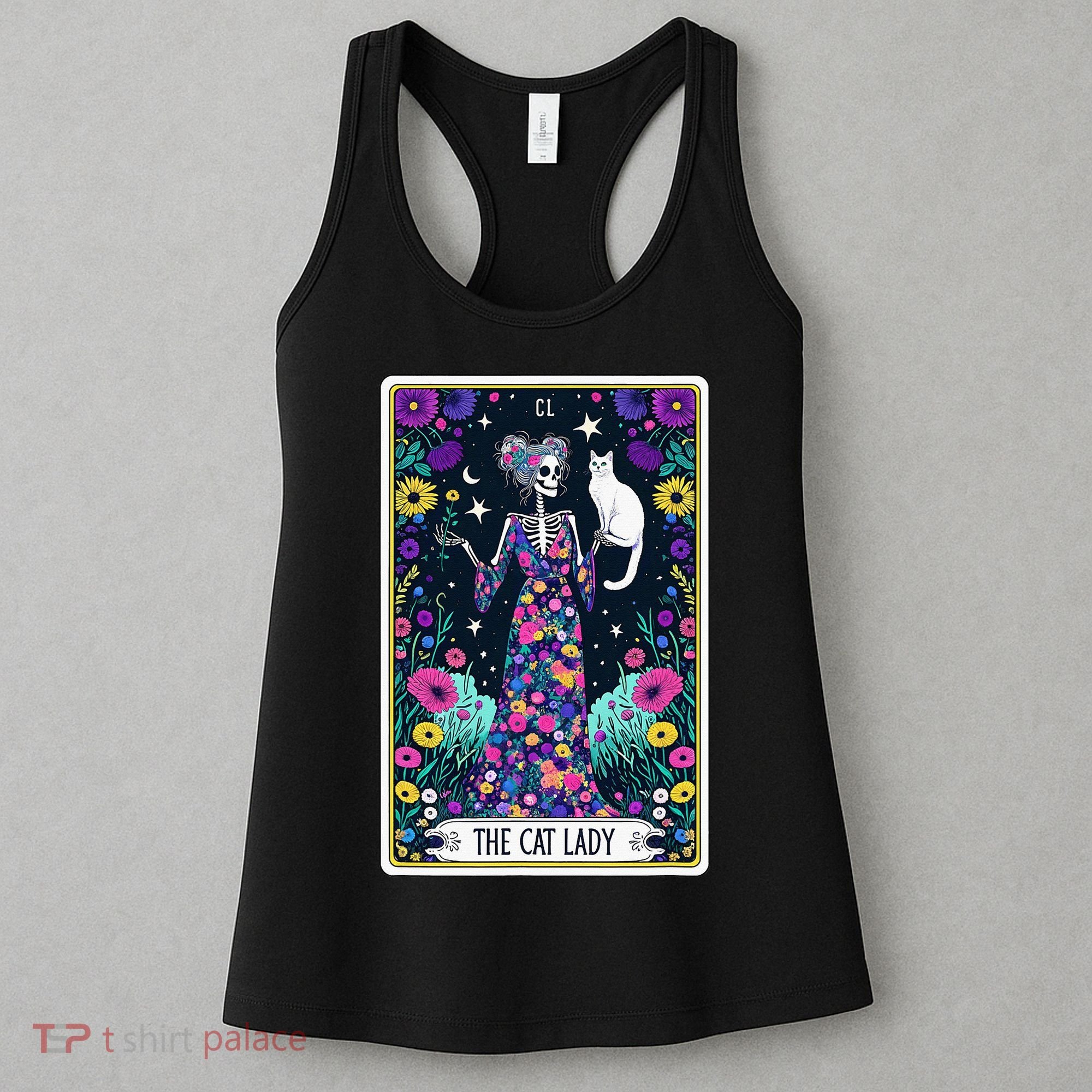 The Cat Lady Tarot Card Halloween Skeleton Skul Occult Magic Women's Tank Top