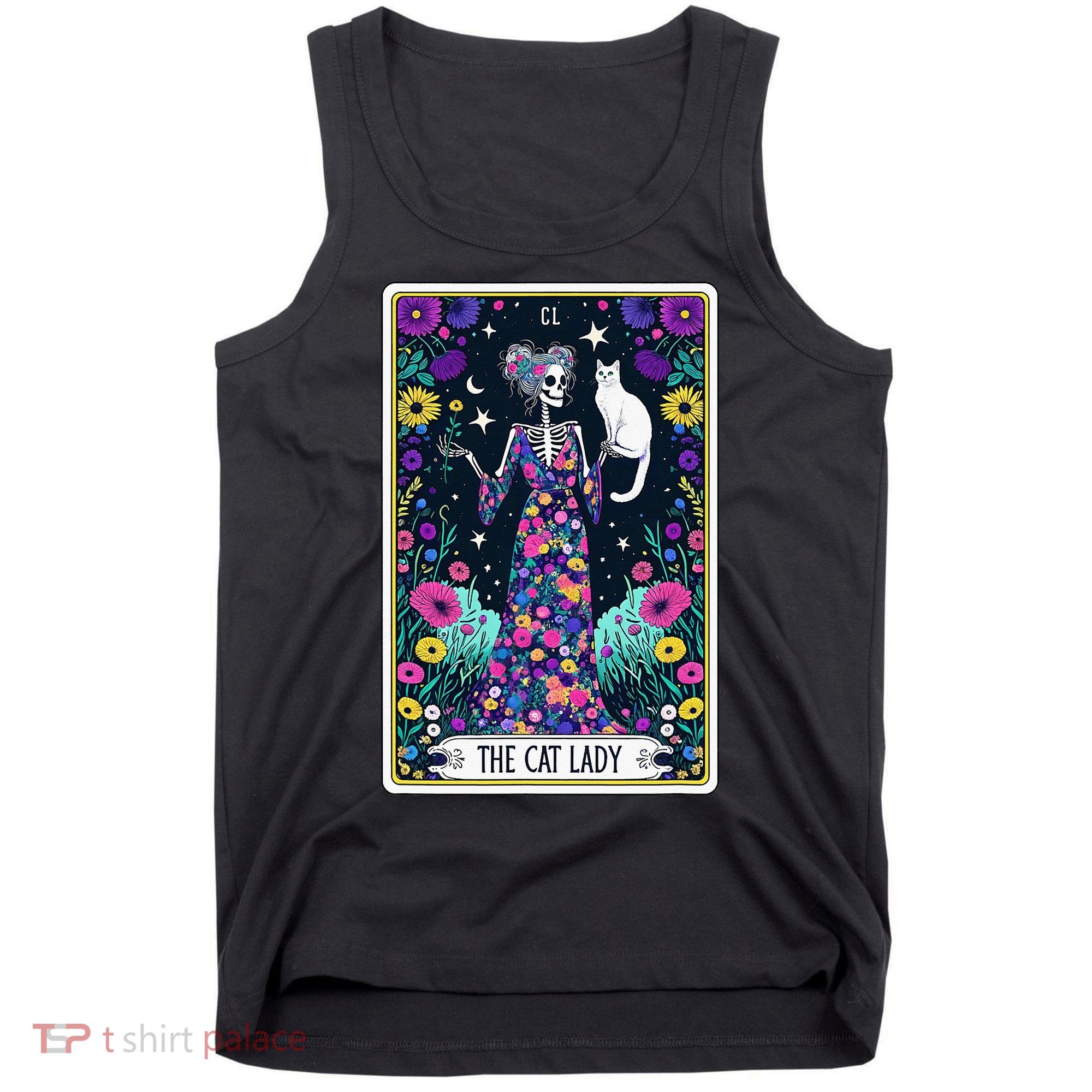 The Cat Lady Tarot Card Halloween Skeleton Skul Occult Magic Tank Top
