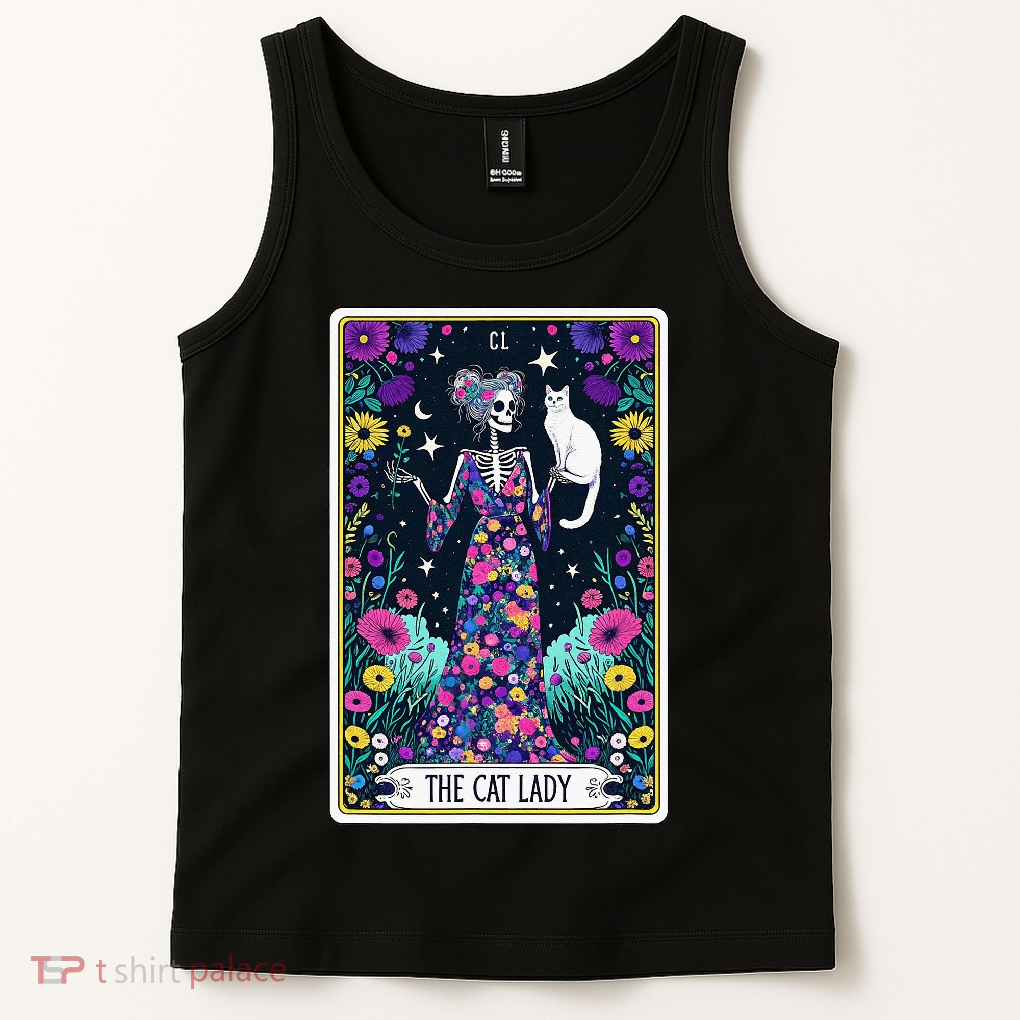 The Cat Lady Tarot Card Halloween Skeleton Skul Occult Magic Tank Top