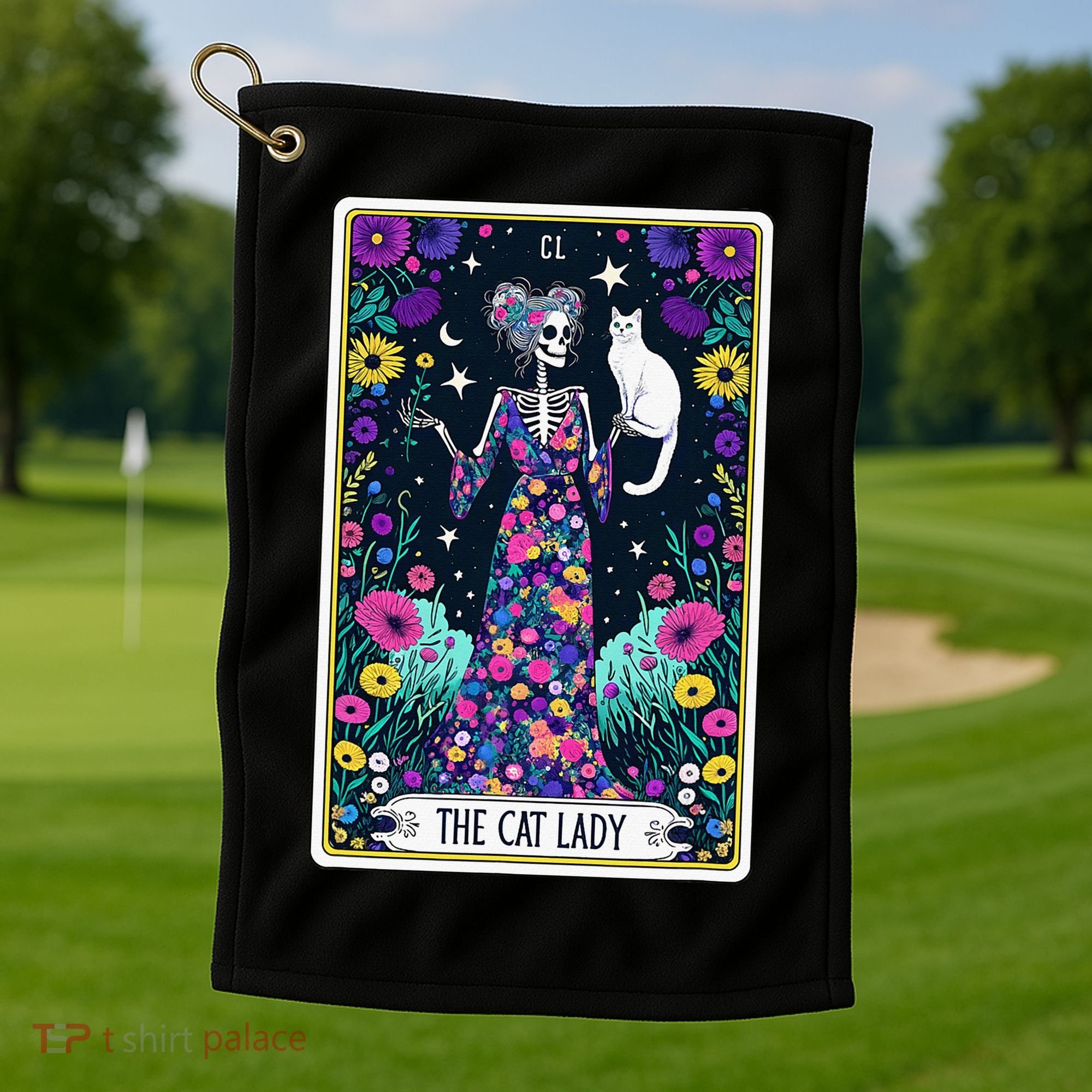 The Cat Lady Tarot Card Halloween Skeleton Skul Occult Magic Golf Towel