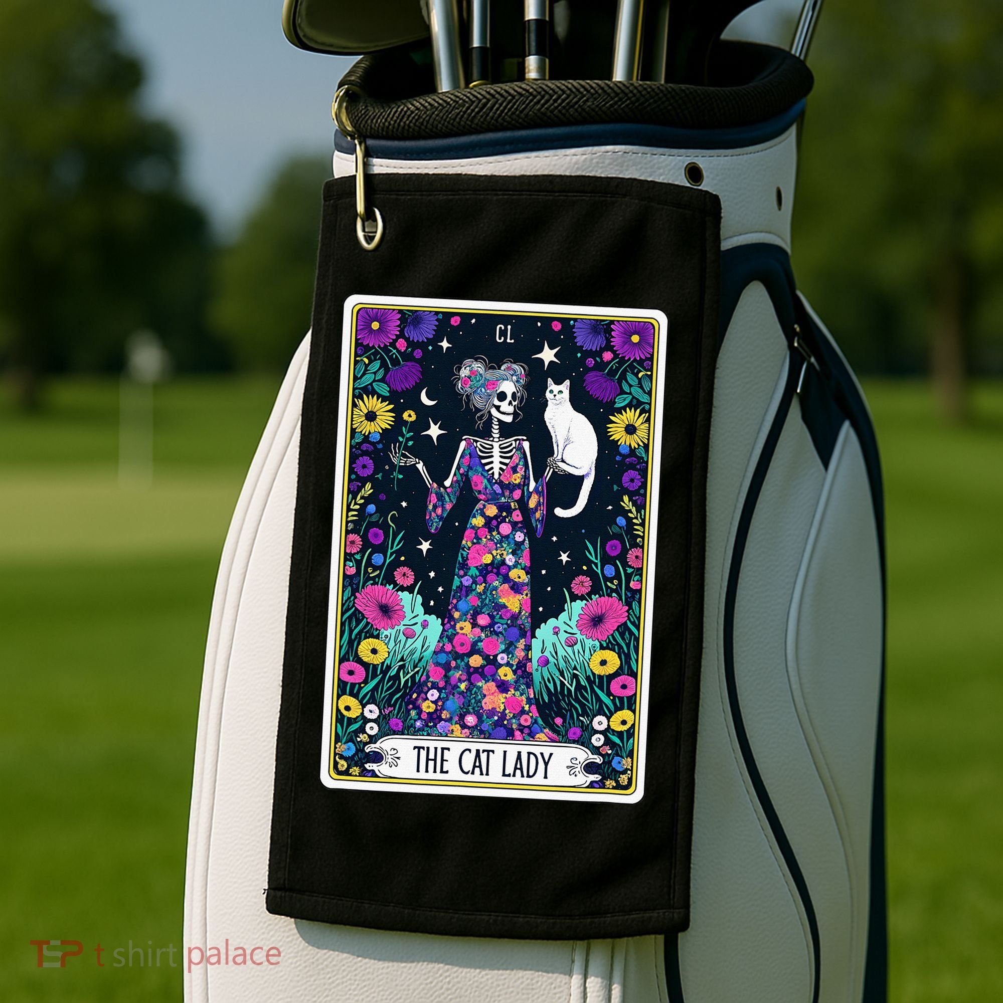 The Cat Lady Tarot Card Halloween Skeleton Skul Occult Magic Golf Towel
