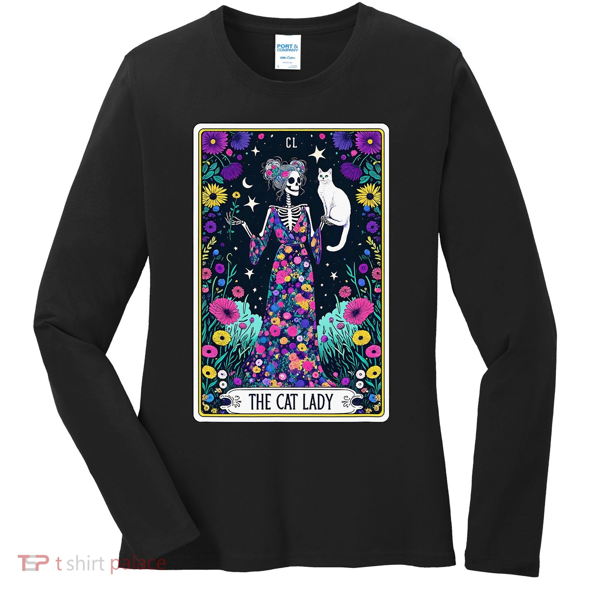 The Cat Lady Tarot Card Halloween Skeleton Skul Occult Magic Women's Long Sleeve Shirt