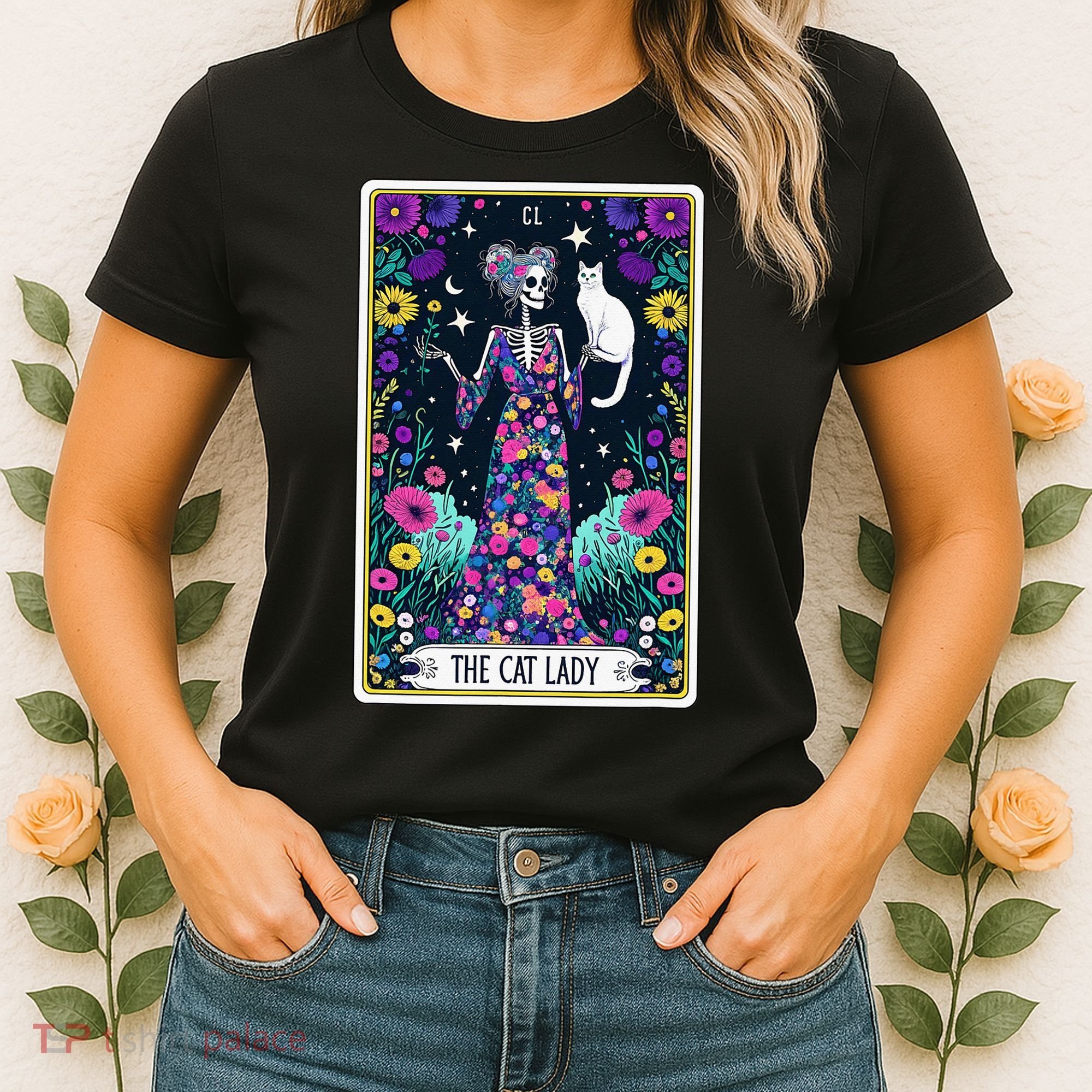 The Cat Lady Tarot Card Halloween Skeleton Skul Occult Magic Women's T-Shirt