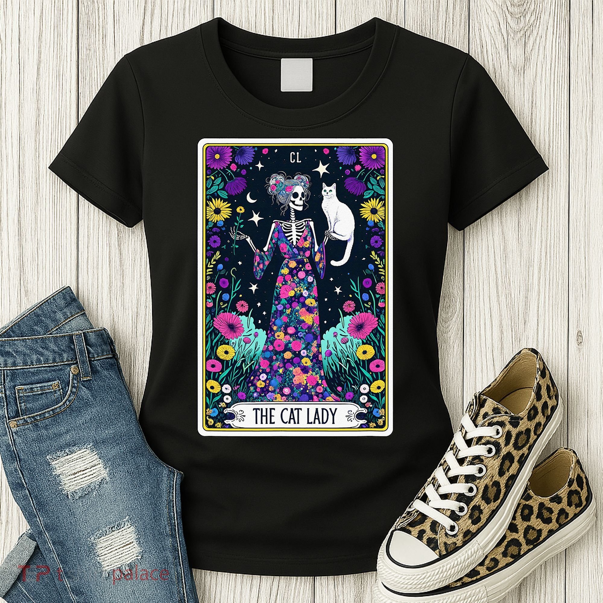 The Cat Lady Tarot Card Halloween Skeleton Skul Occult Magic Women's T-Shirt