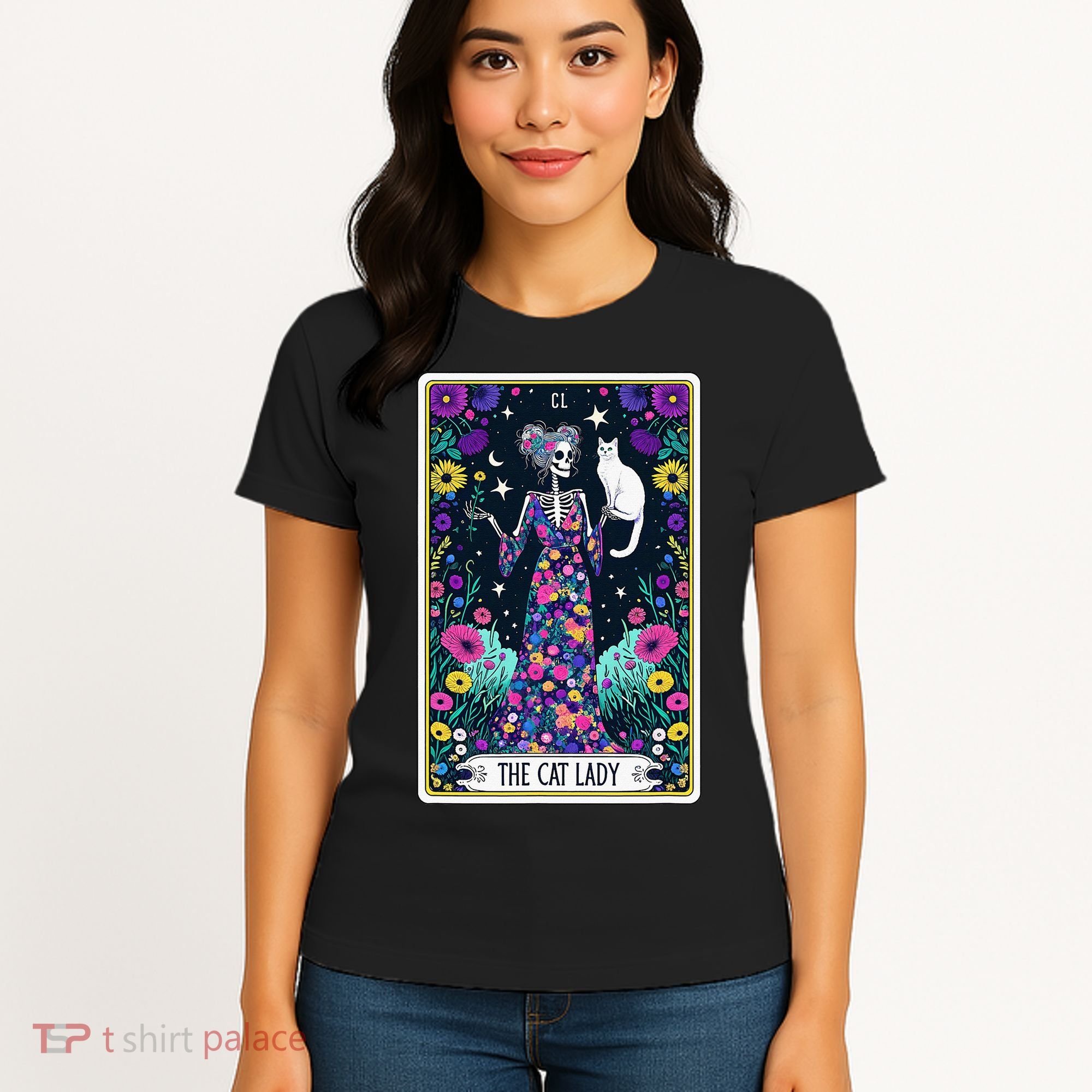The Cat Lady Tarot Card Halloween Skeleton Skul Occult Magic Women's T-Shirt