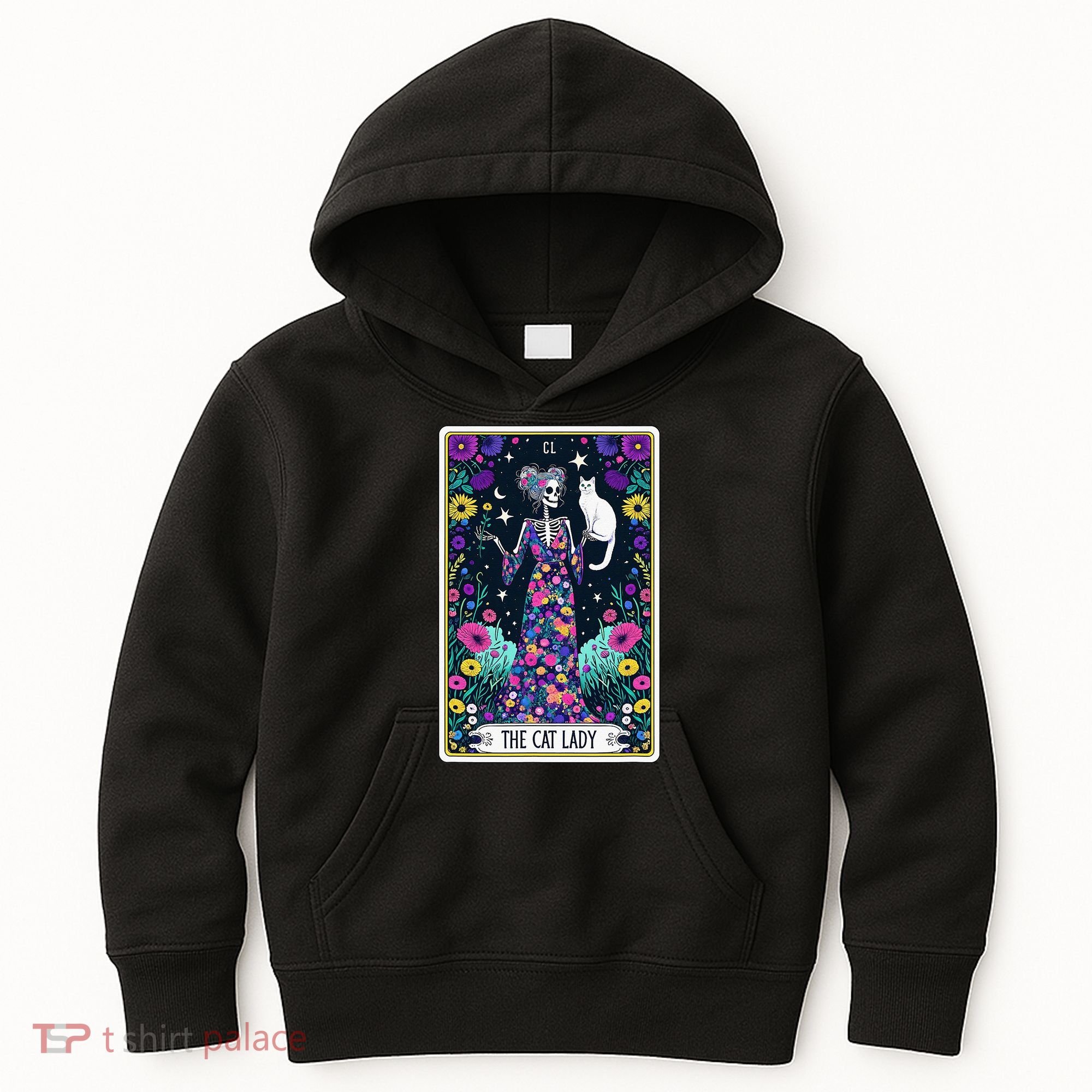 The Cat Lady Tarot Card Halloween Skeleton Skul Occult Magic Kids Hoodie