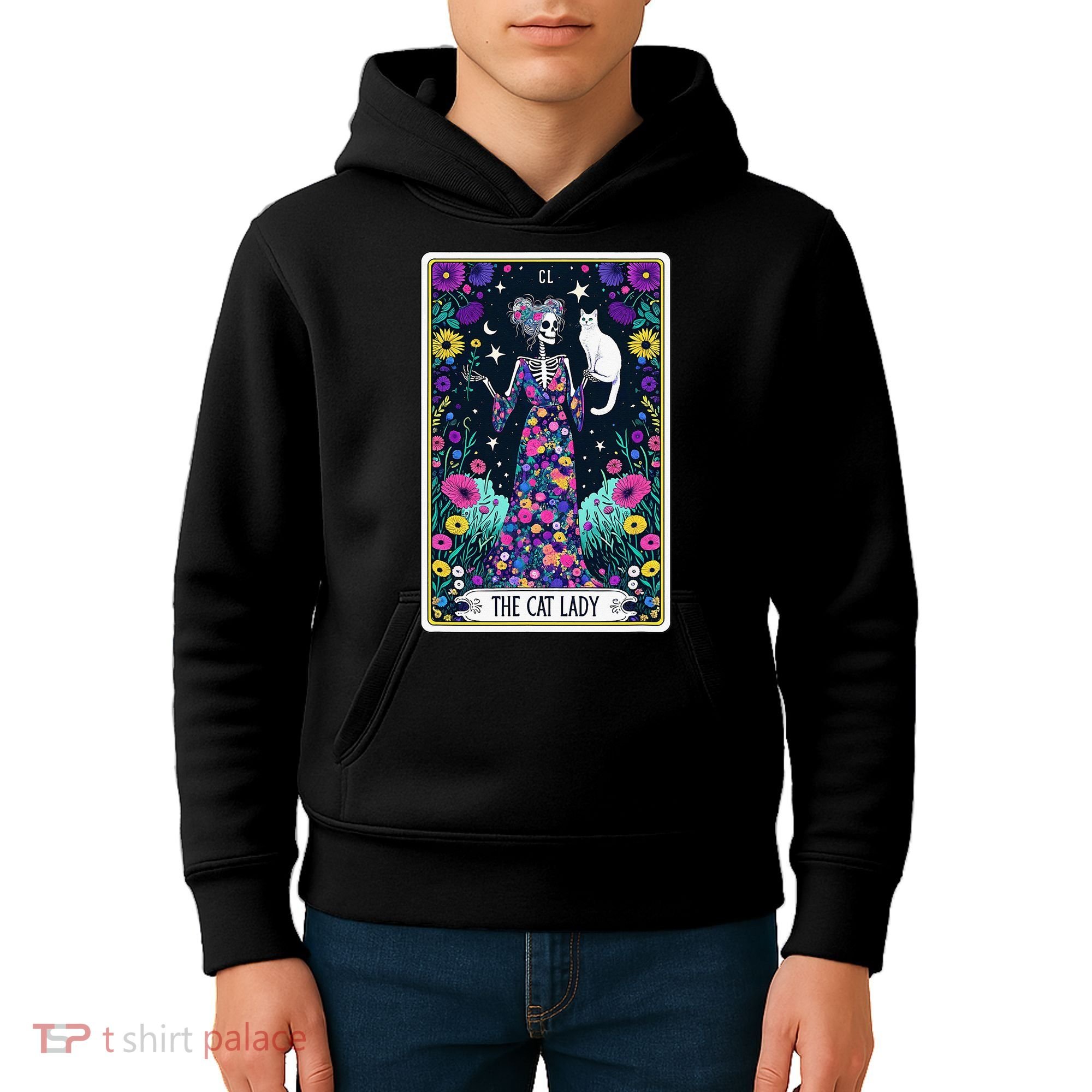 The Cat Lady Tarot Card Halloween Skeleton Skul Occult Magic Kids Hoodie
