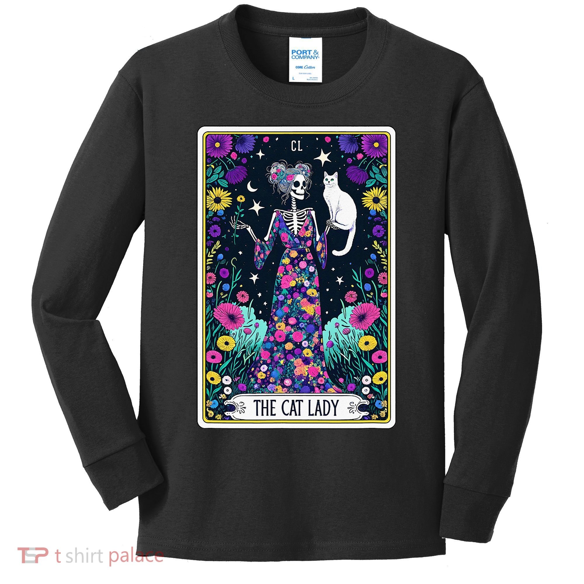 The Cat Lady Tarot Card Halloween Skeleton Skul Occult Magic Kids Long Sleeve Shirt