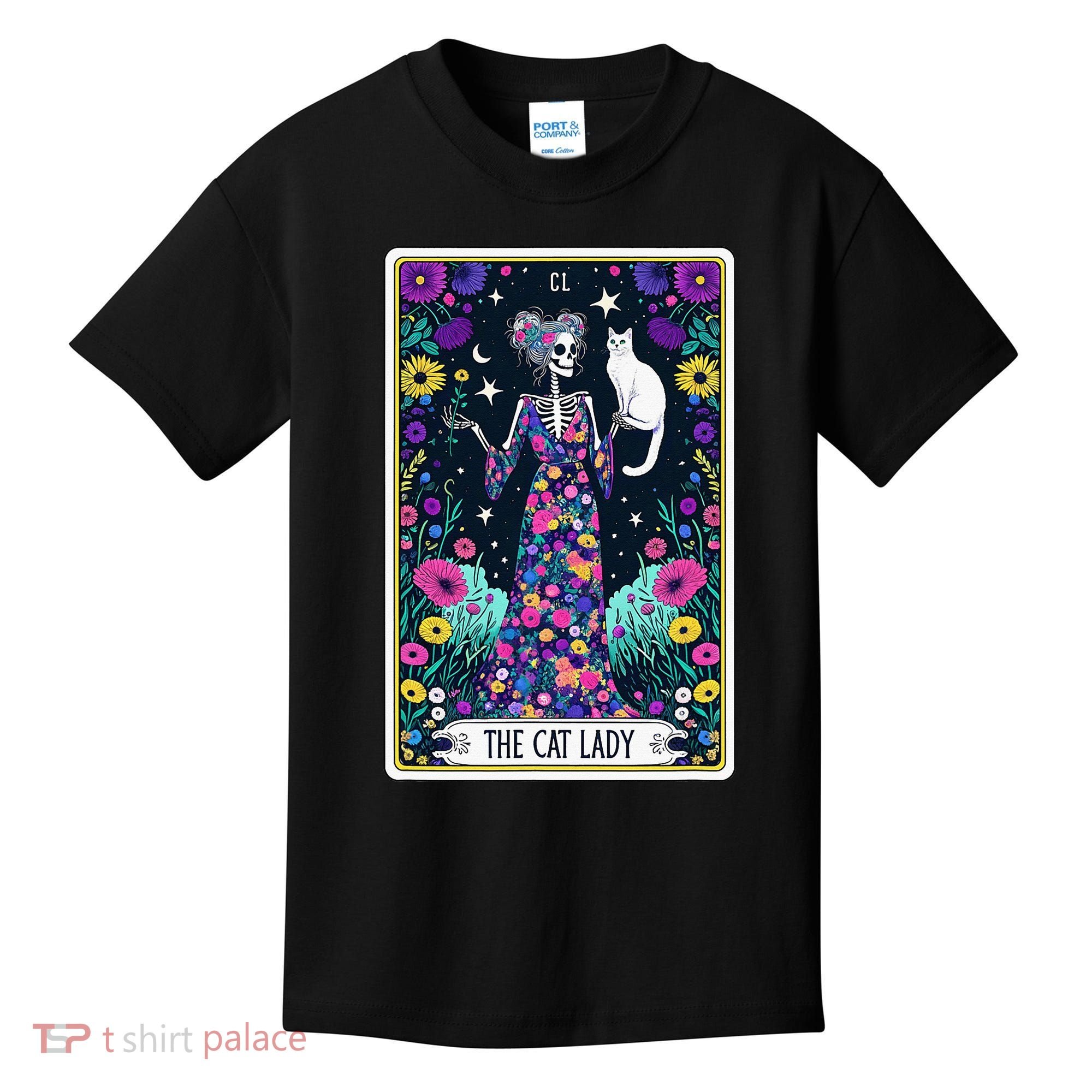The Cat Lady Tarot Card Halloween Skeleton Skul Occult Magic Kids T-Shirt