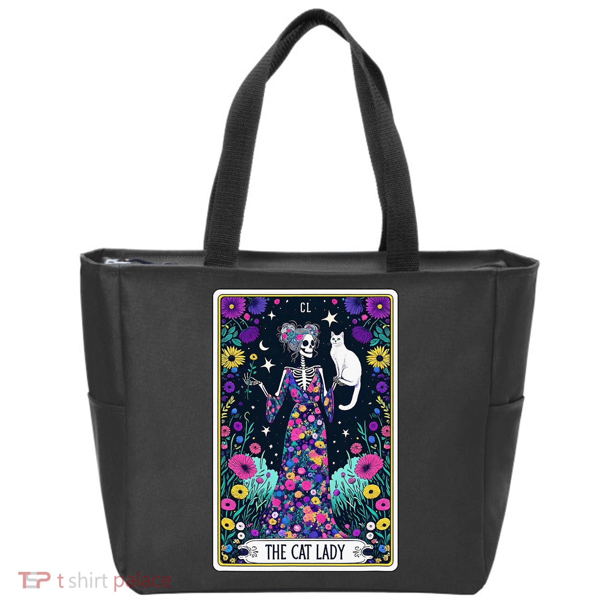 The Cat Lady Tarot Card Halloween Skeleton Skul Occult Magic Tote Bag
