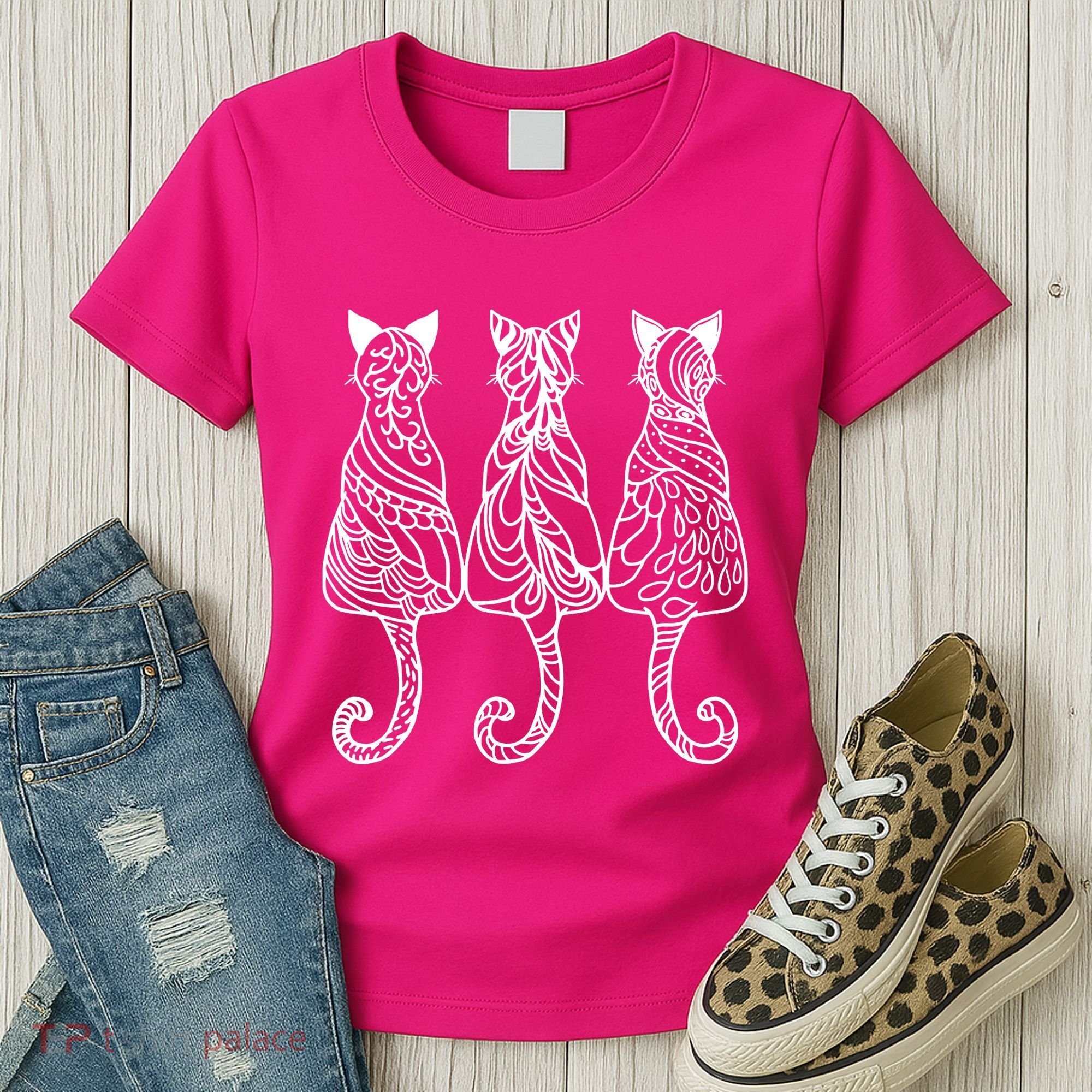 Three Cats Motif Paisley Cute Animal Cat Lovers Artists Women's T-Shirt