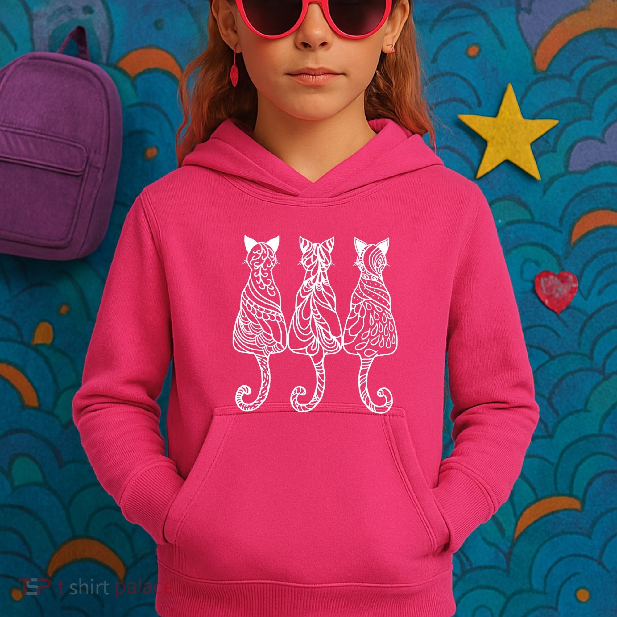 Three Cats Motif Paisley Cute Animal Cat Lovers Artists Kids Hoodie