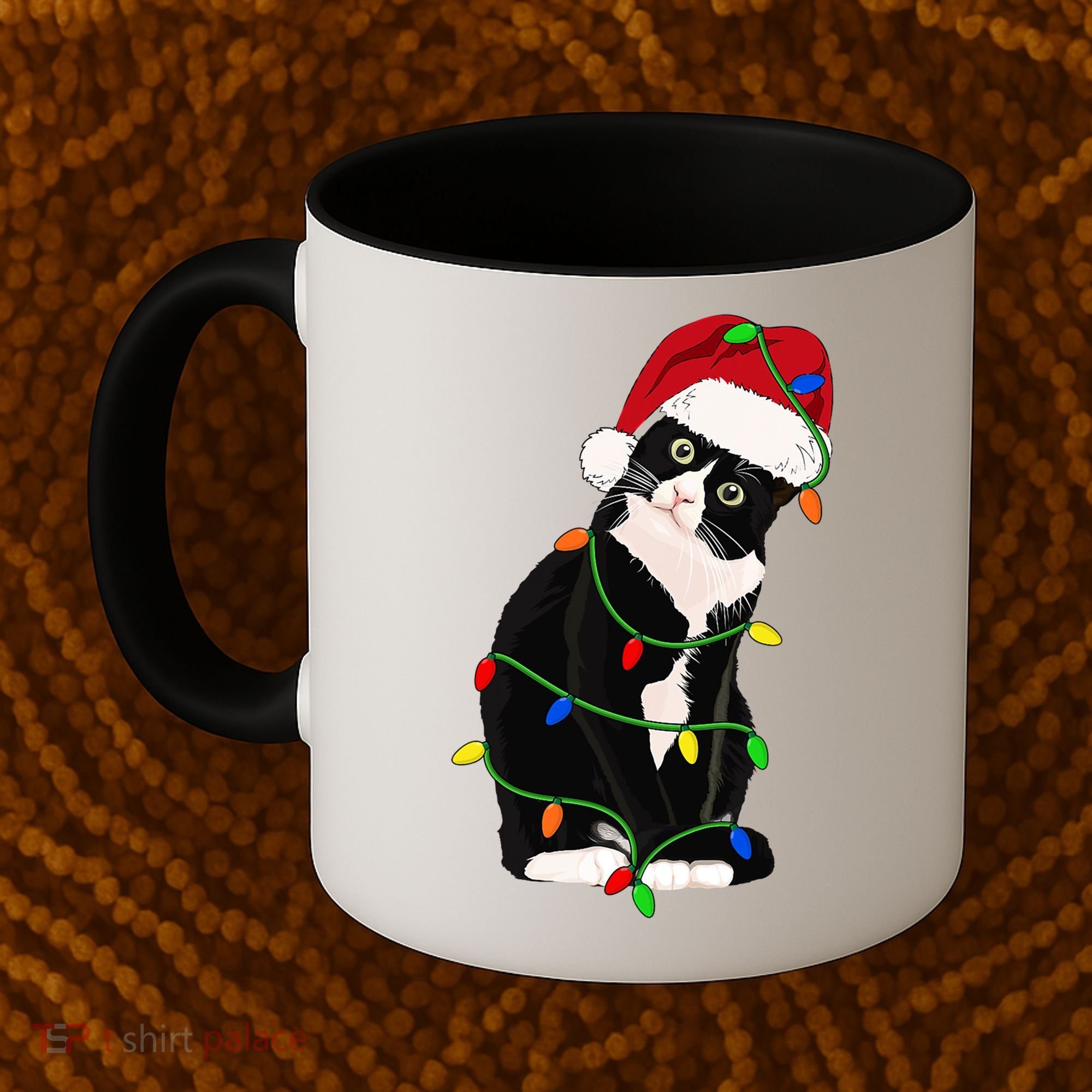 Tuxedo Cat Meow Santa Tuxie Christmas Tree Lights Cat Catmas Gift Coffee Mug