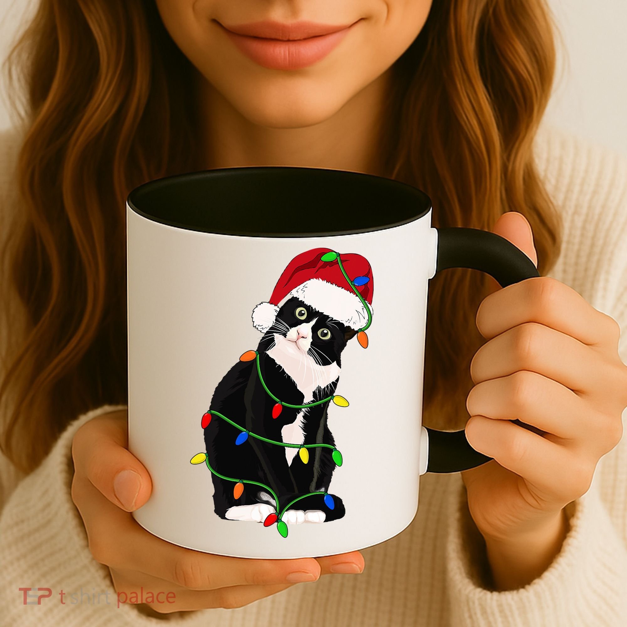 Tuxedo Cat Meow Santa Tuxie Christmas Tree Lights Cat Catmas Gift Coffee Mug