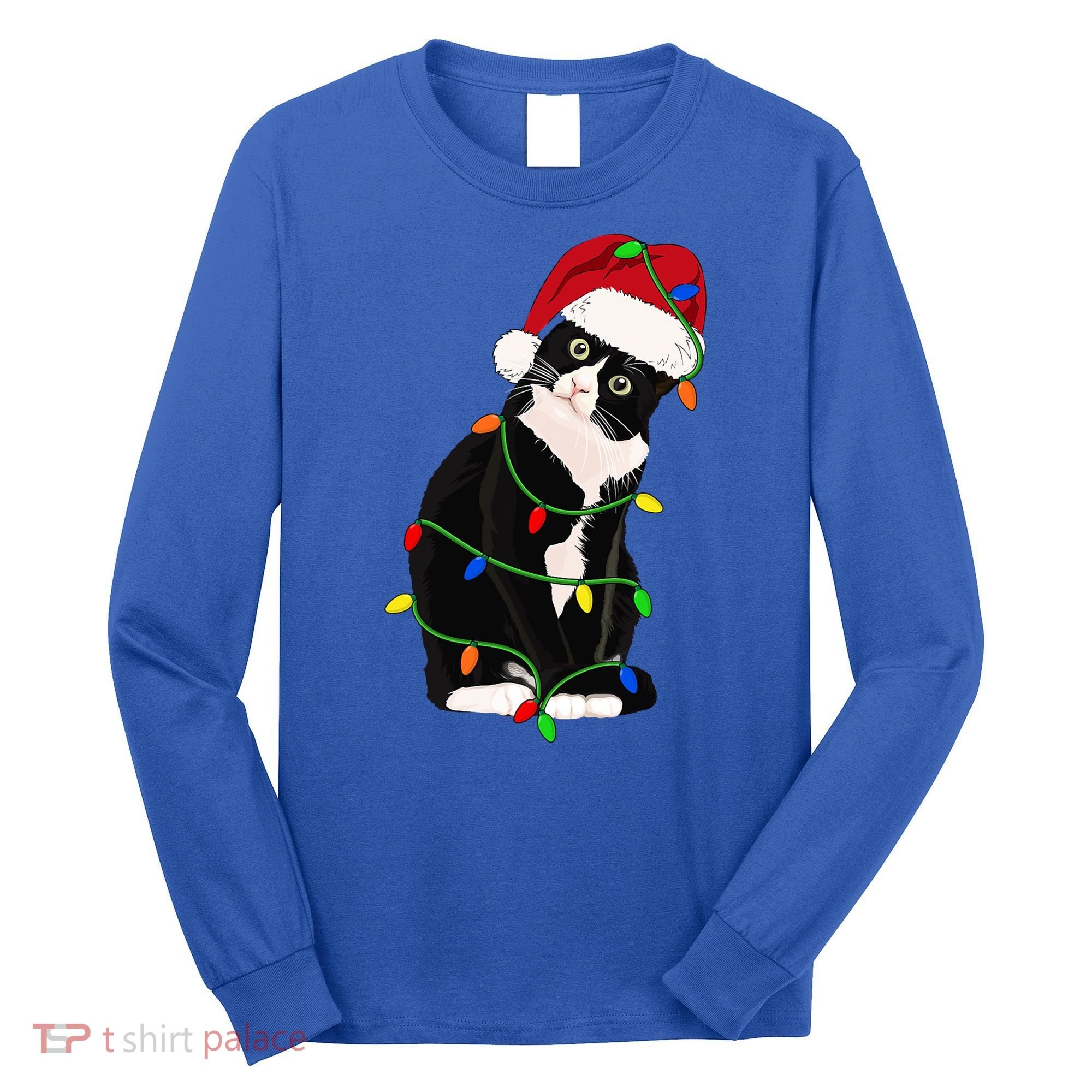 Tuxedo Cat Meow Santa Tuxie Christmas Tree Lights Cat Catmas Gift Long Sleeve Shirt