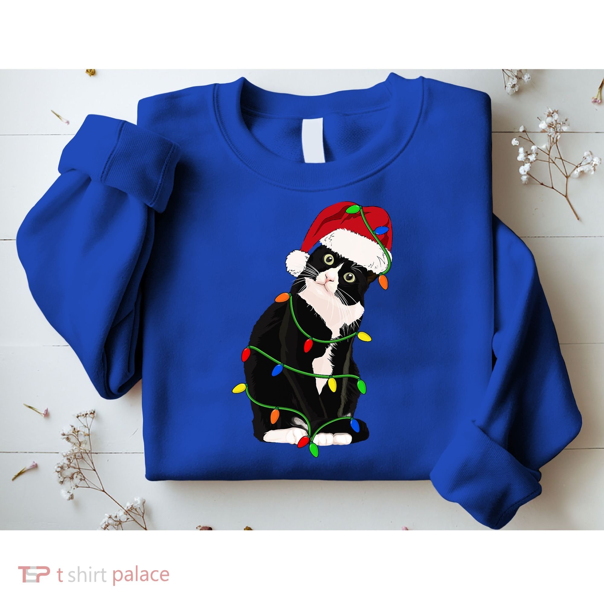 Tuxedo Cat Meow Santa Tuxie Christmas Tree Lights Cat Catmas Gift Sweatshirt