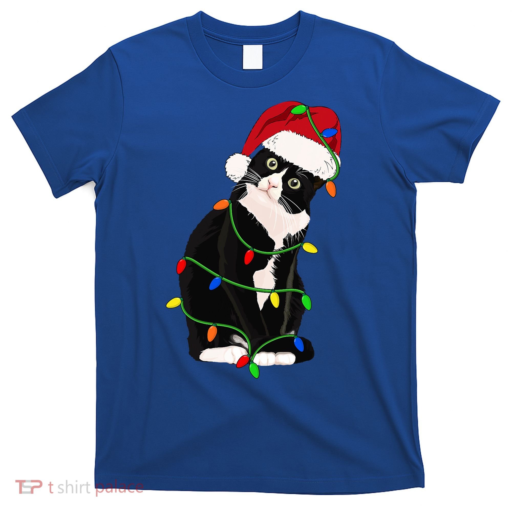 Tuxedo Cat Meow Santa Tuxie Christmas Tree Lights Cat Catmas Gift T-Shirt