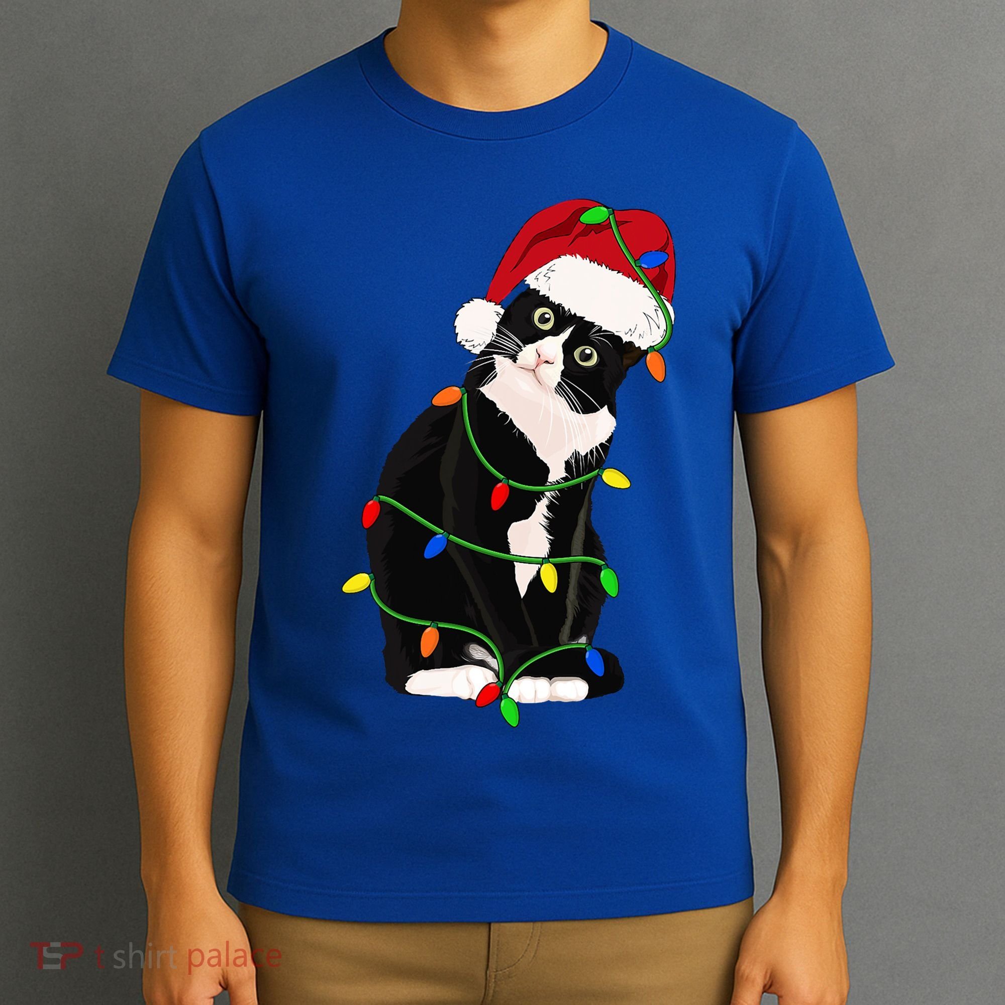 Tuxedo Cat Meow Santa Tuxie Christmas Tree Lights Cat Catmas Gift T-Shirt